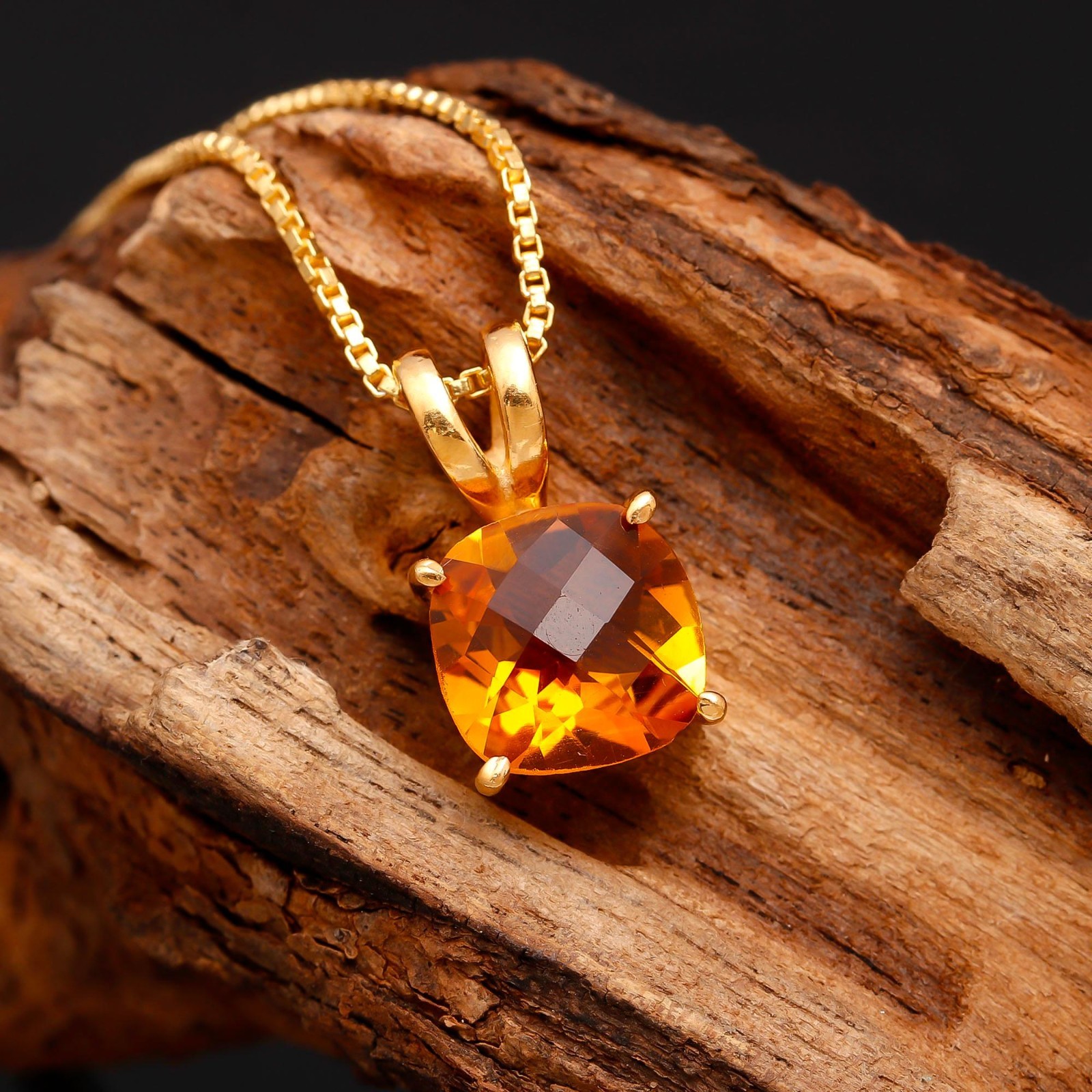 Natural Citrine Quartz Cushion Necklace Gold Fill 925 Sterling Silver Jewelry