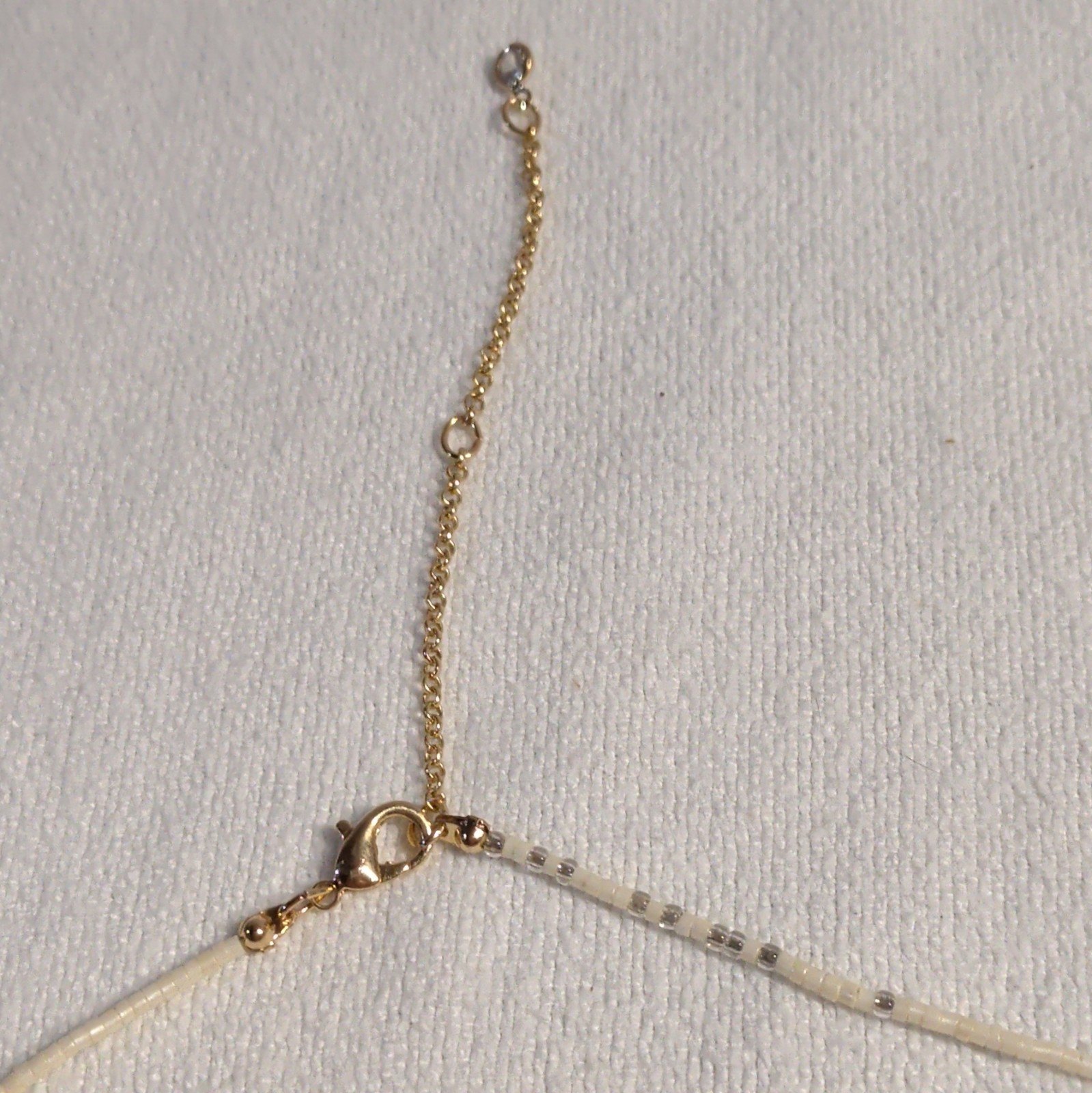 White Glass Beaded Necklace Gold Tone Metal Cable Chain Adjustable Spring Ring