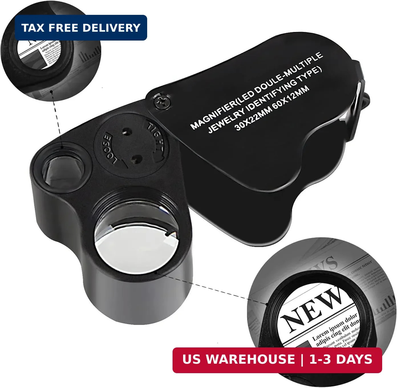 Jewelers Loupe, 2 Pack Magnifying Glass with Light, 30X 60X 90X Jewelers Loop Ma