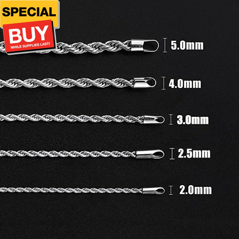 3mm Rope Chain Necklace for Men, Silver Tone Mens Chain Necklace, Stainless Stee