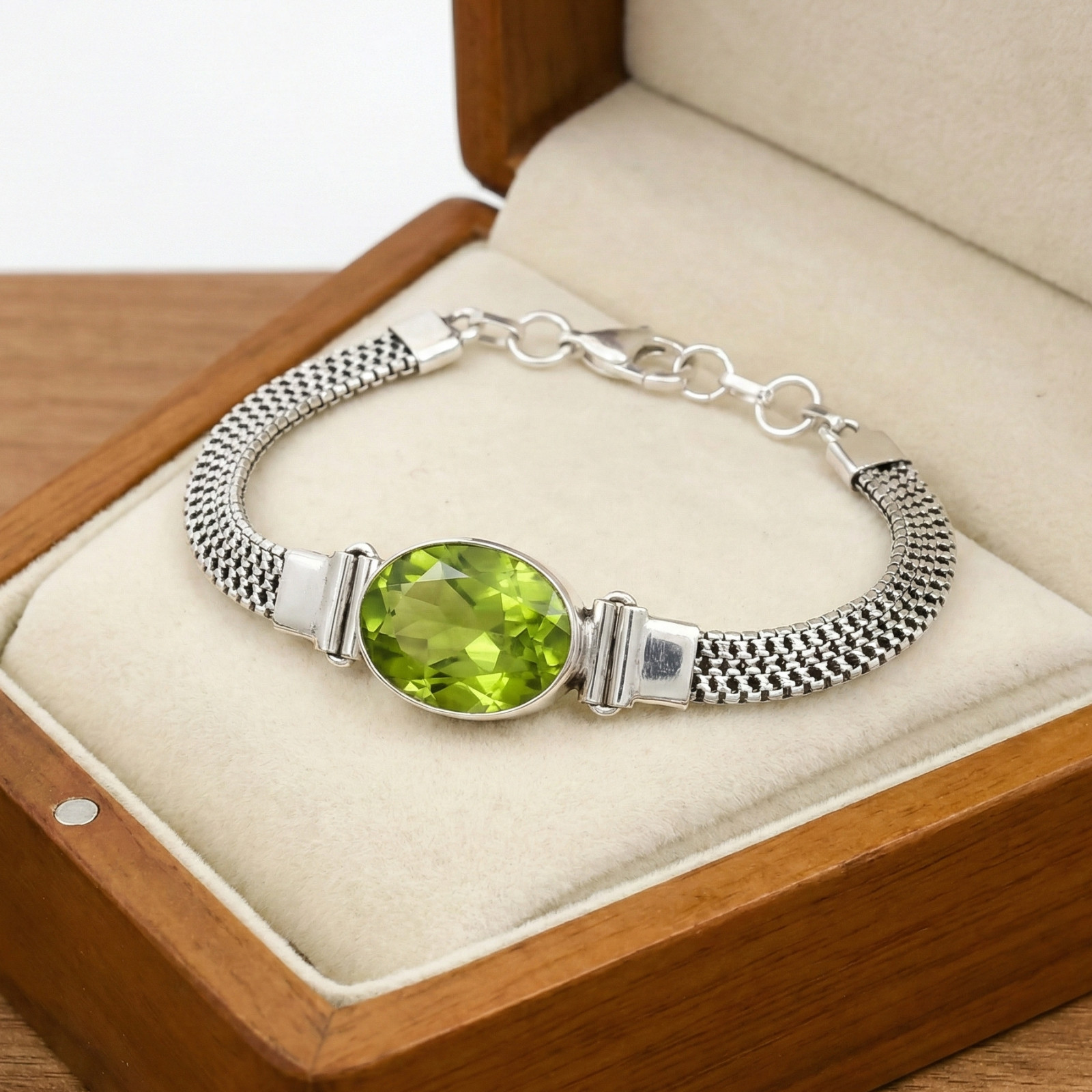 Green Peridot Gemstone 925 Sterling Silver Adjustable Chain Bracelet For Gift