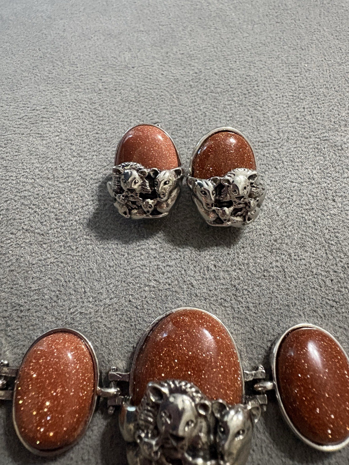 Vintage Silver Tone Goldstone Bracelet And Earrings Set Lion Family