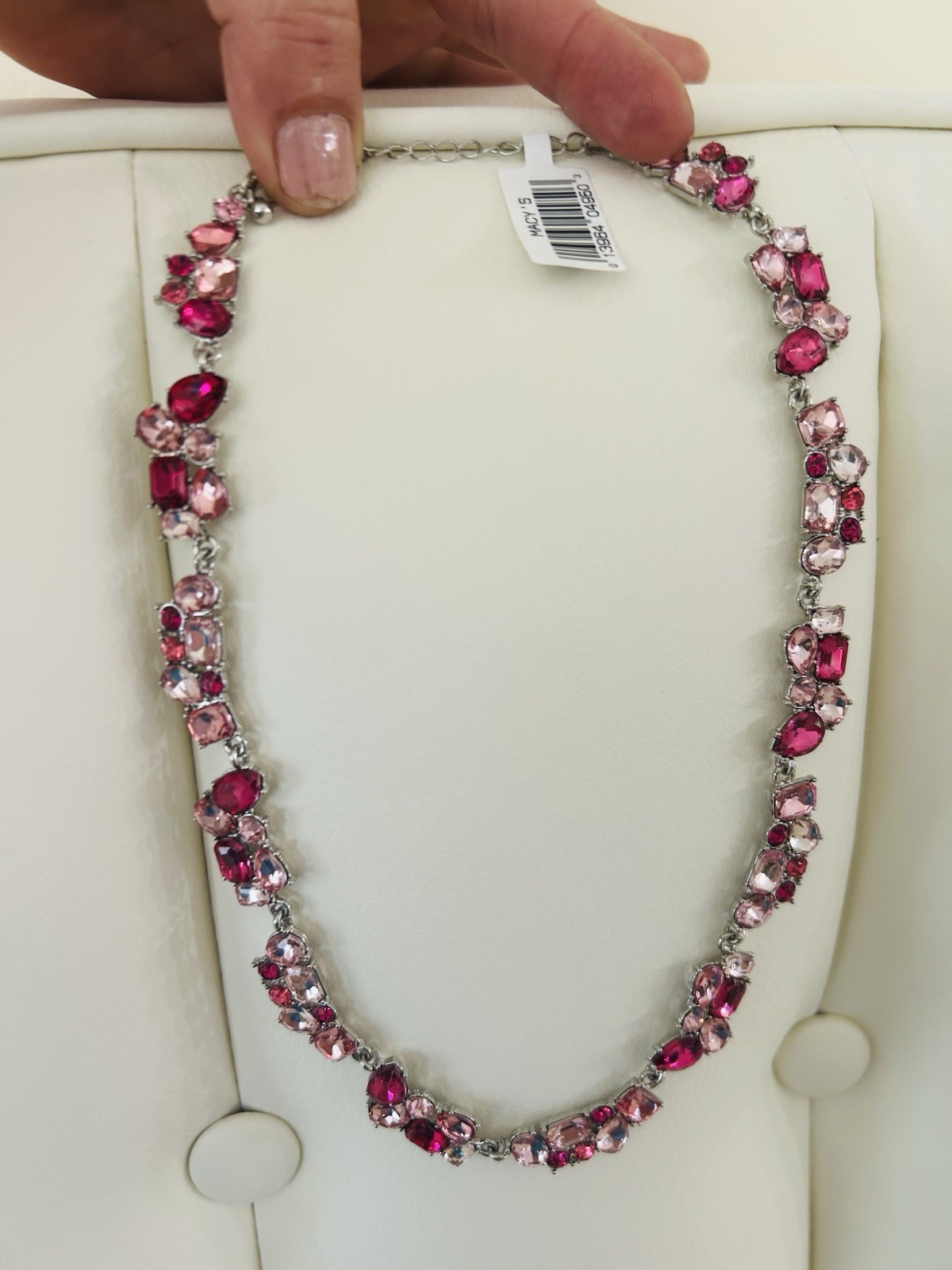 Macy’s Pink & Fuchsia Crystal Statement Necklace Silver Tone NWT