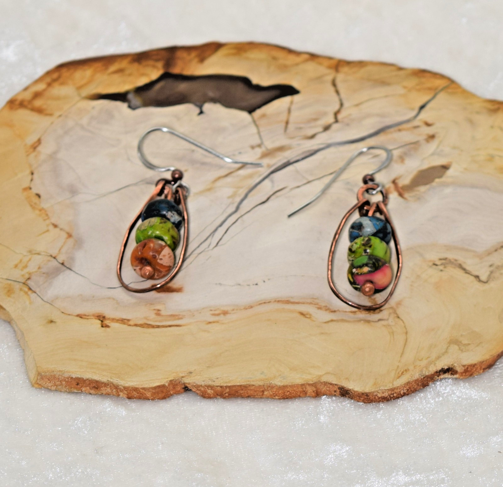 Hammered Copper & Blue, Green and Orange Copper Turquoise Bead Dangle Earrings
