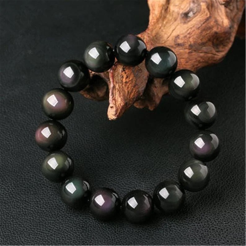 10MM Beaded Handmade Balance Bracelet Round Rainbow Obsidian Beads Healing Reiki