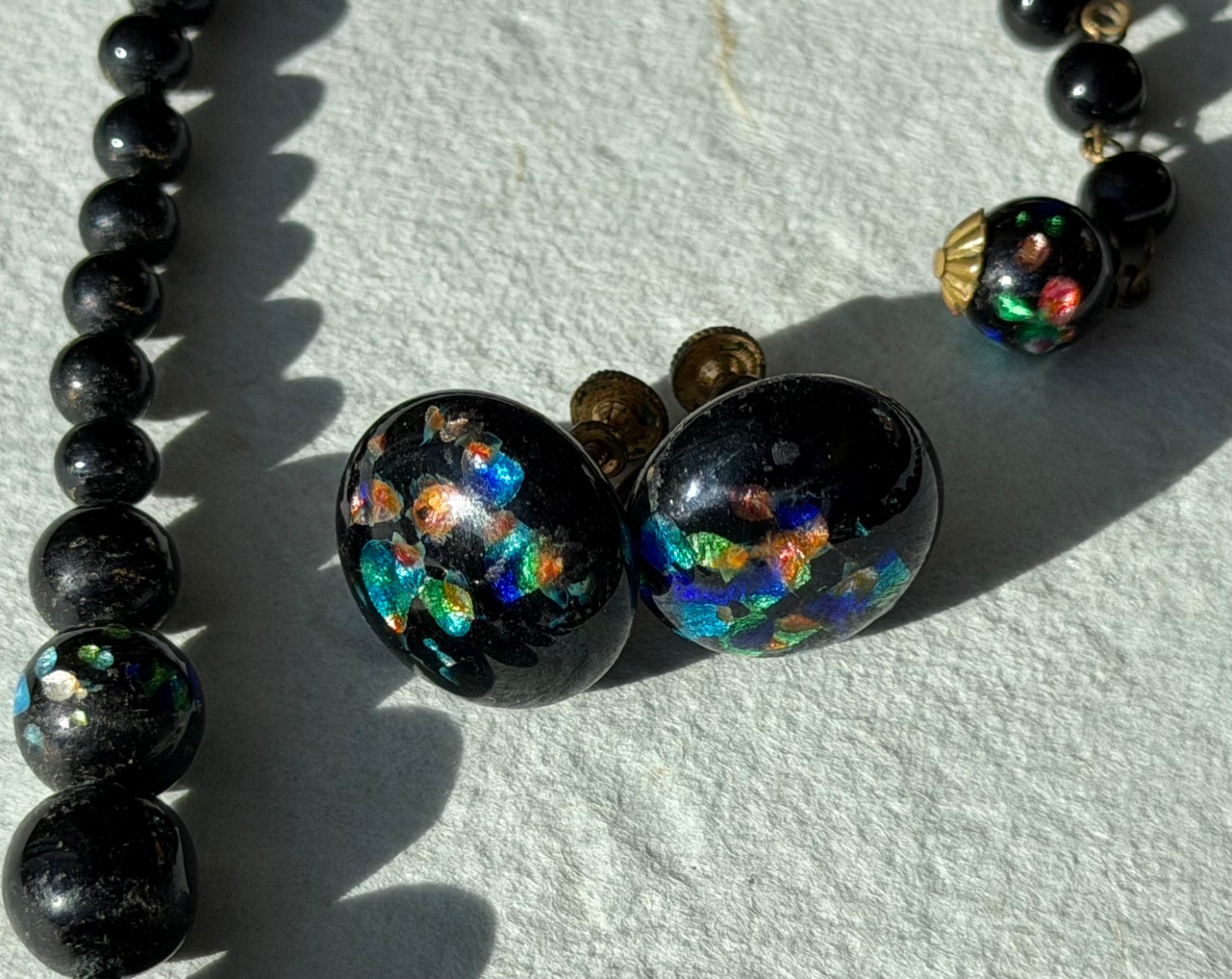 Vintage Black Foiled Art Glass Earrings and 16 in. Necklace