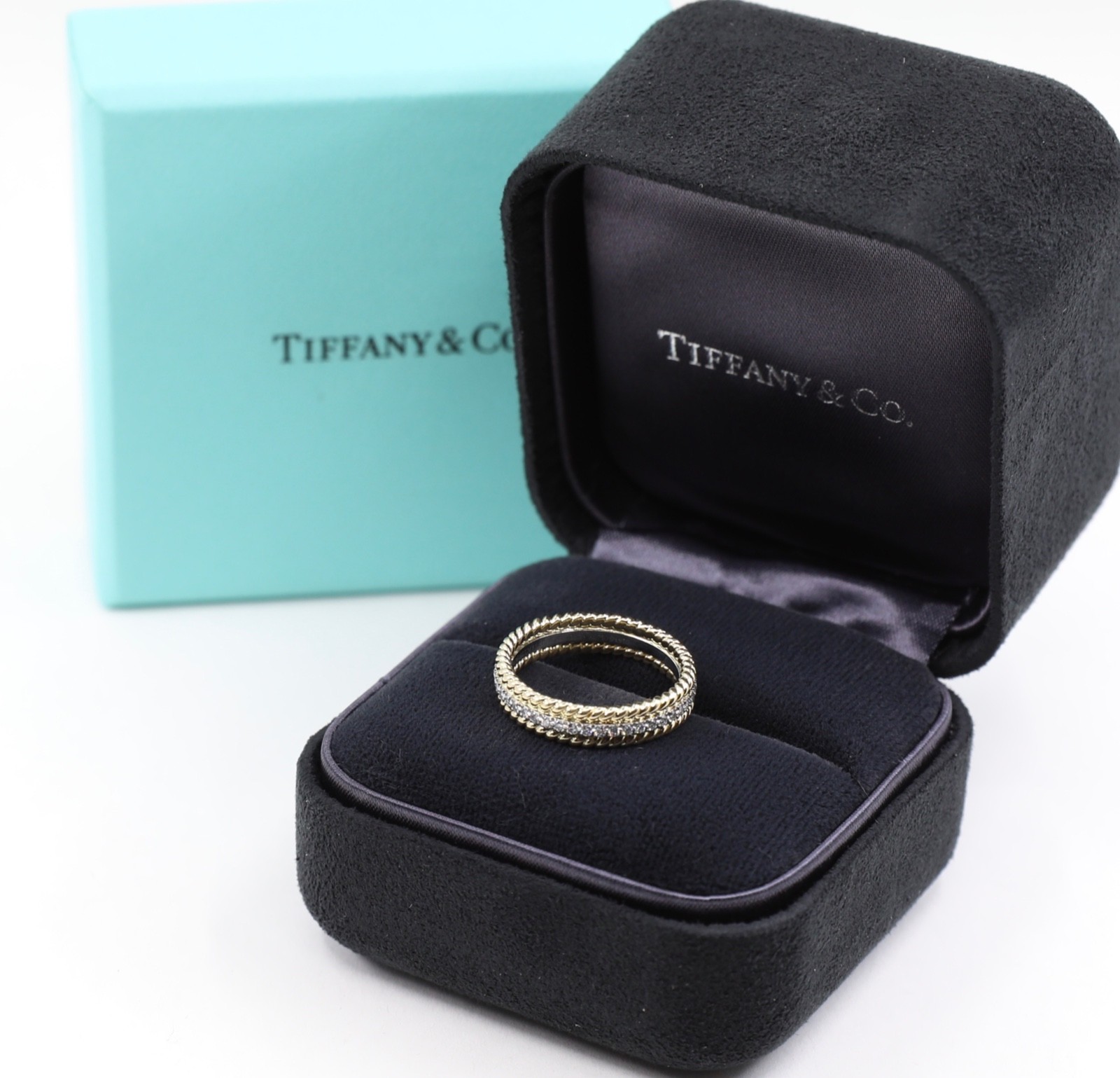Tiffany & Co. Schlumberger Rope Two-Row Diamond Ring Gold & PT Sz 5 and 6.5