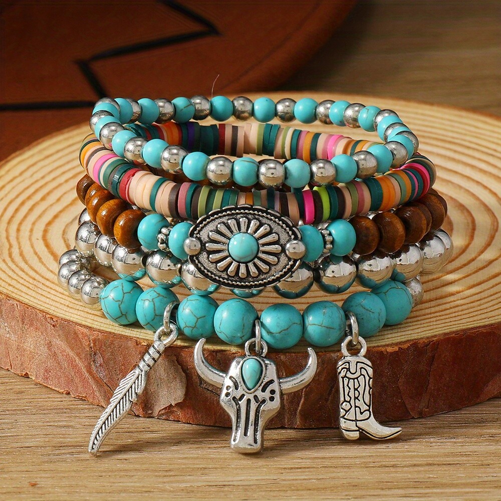 15pcs Bohemian Style Wooden Bead Bracelet Set Multi-Layer Stretch Bead Bracelet