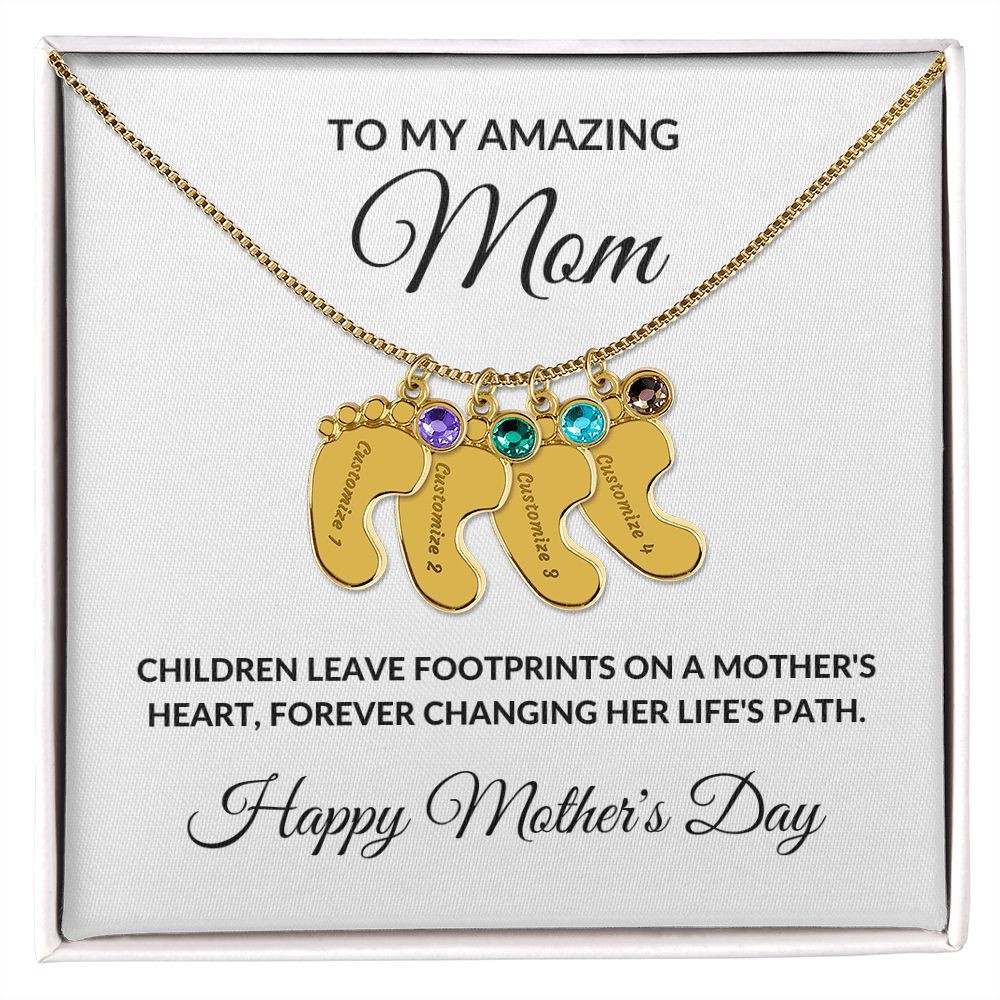 Mother’s Day Personalized Engraved Birthstone Necklace Baby Feet Gift for Mom