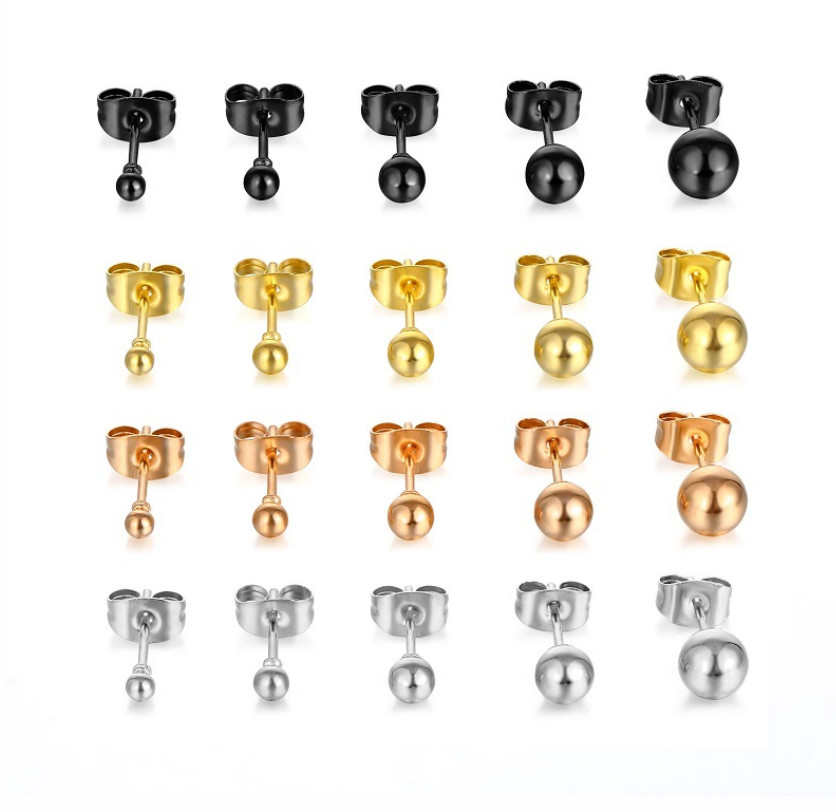 Round Polish Ball Rose gold Silver Black Stainless Steel Stud Earrings S15