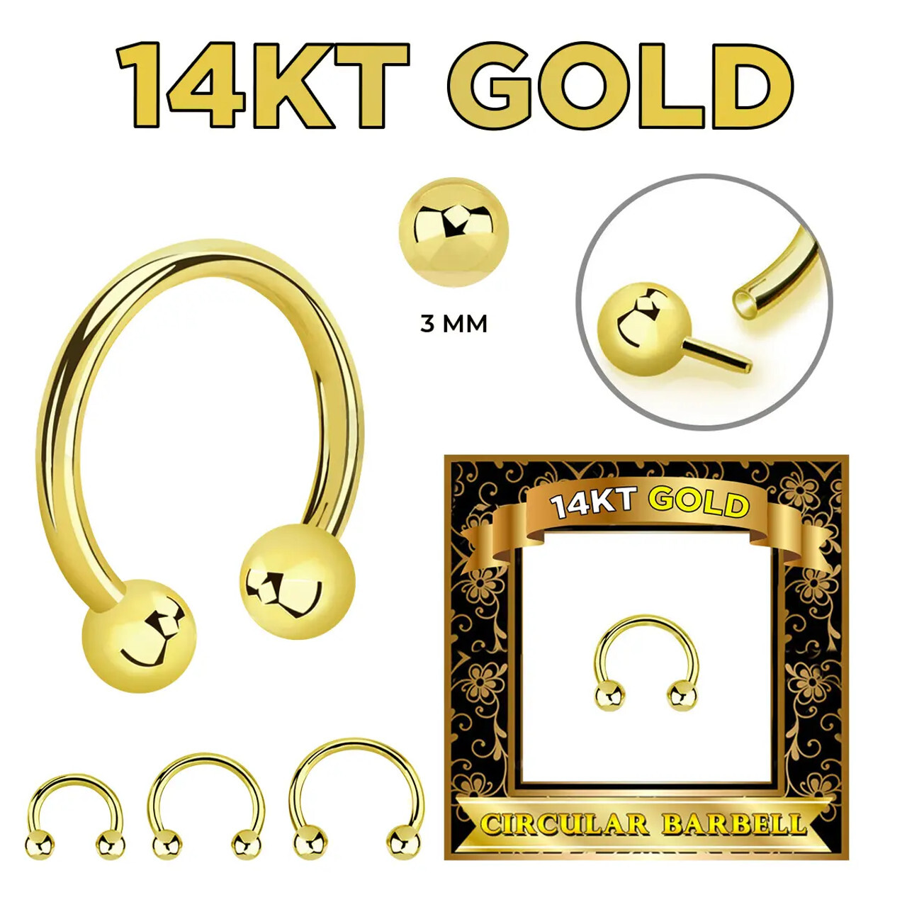 14K Gold 16G Horseshoe Septum Nose Hoop Ring Circular Barbell Threadless Push In