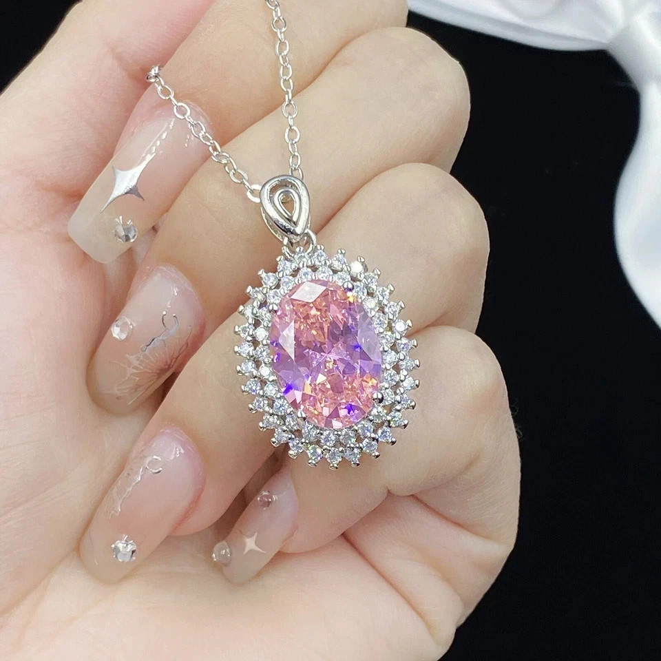 7.30Ct Oval Cut Natural Pink Sapphire & Diamond 14K White Gold Luxury Pendant