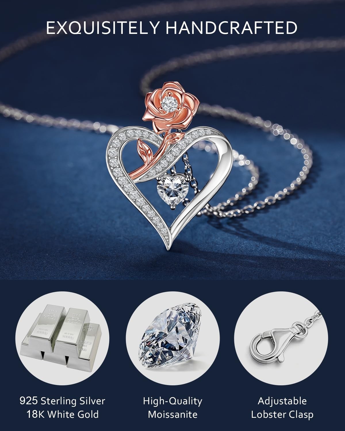 Moissanite Necklace for Women, Sterling Silver Rose Heart Pendant Necklace, R…