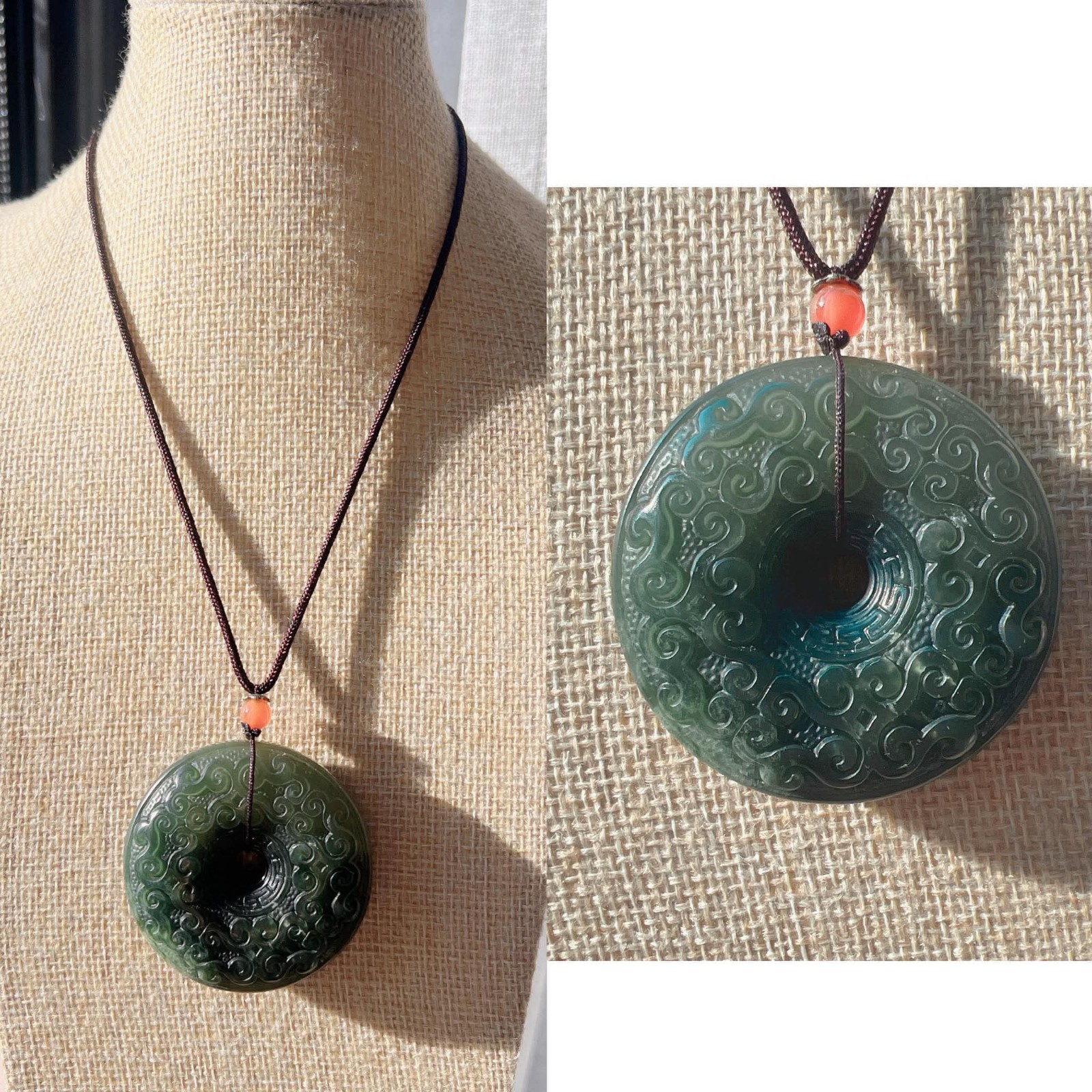 Certified Natural Hetian Green Jade Carved Big Round Pendant Necklace