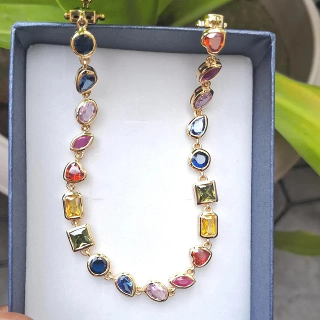 Rainbow MultiCut Multi-Color Gemstone Tennis Necklace 18K Yellow Gold Plated 16″