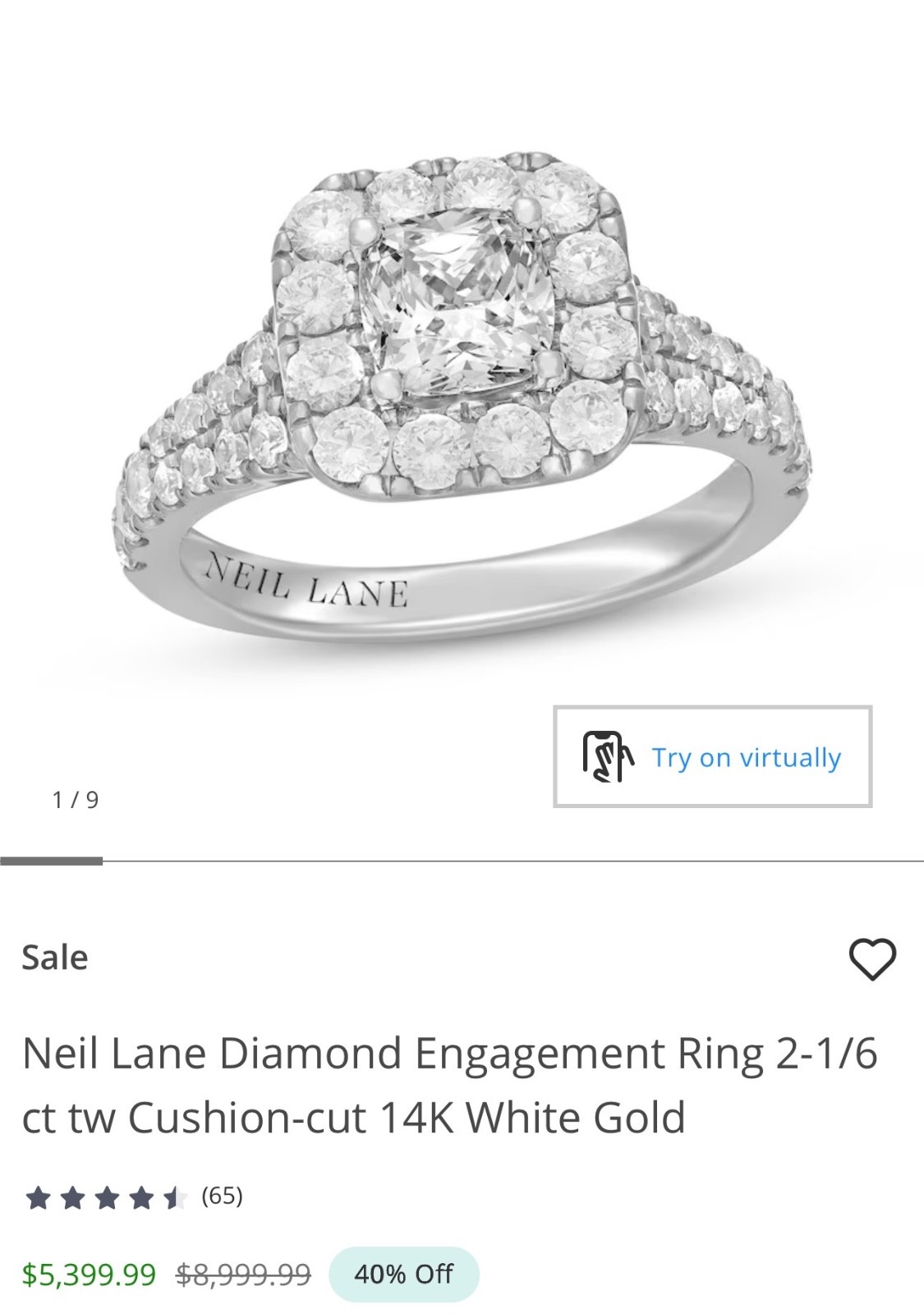 Neil Lane Engagement wedding set 2.54 CTW Cushion-cut 14K White Gold Size 7