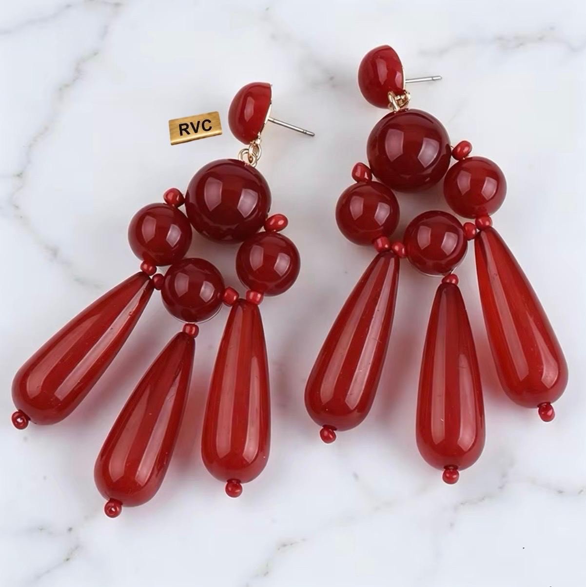 Red Long Tassel Teardrop Beaded Dangle Earrings Vintage Statement Style Jewelry