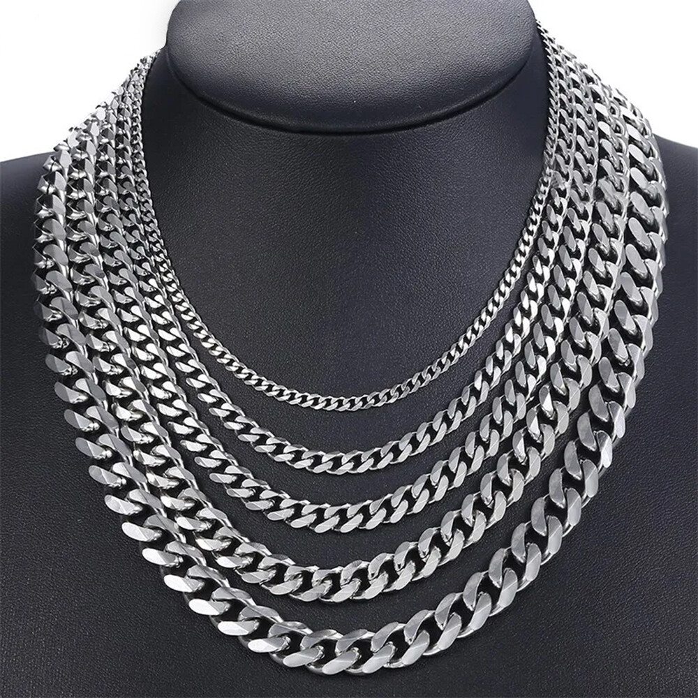 16-30″ Stainless Steel Silver Chain Cuban Curb Necklace 3/5/7/9/11mm Womens Mens