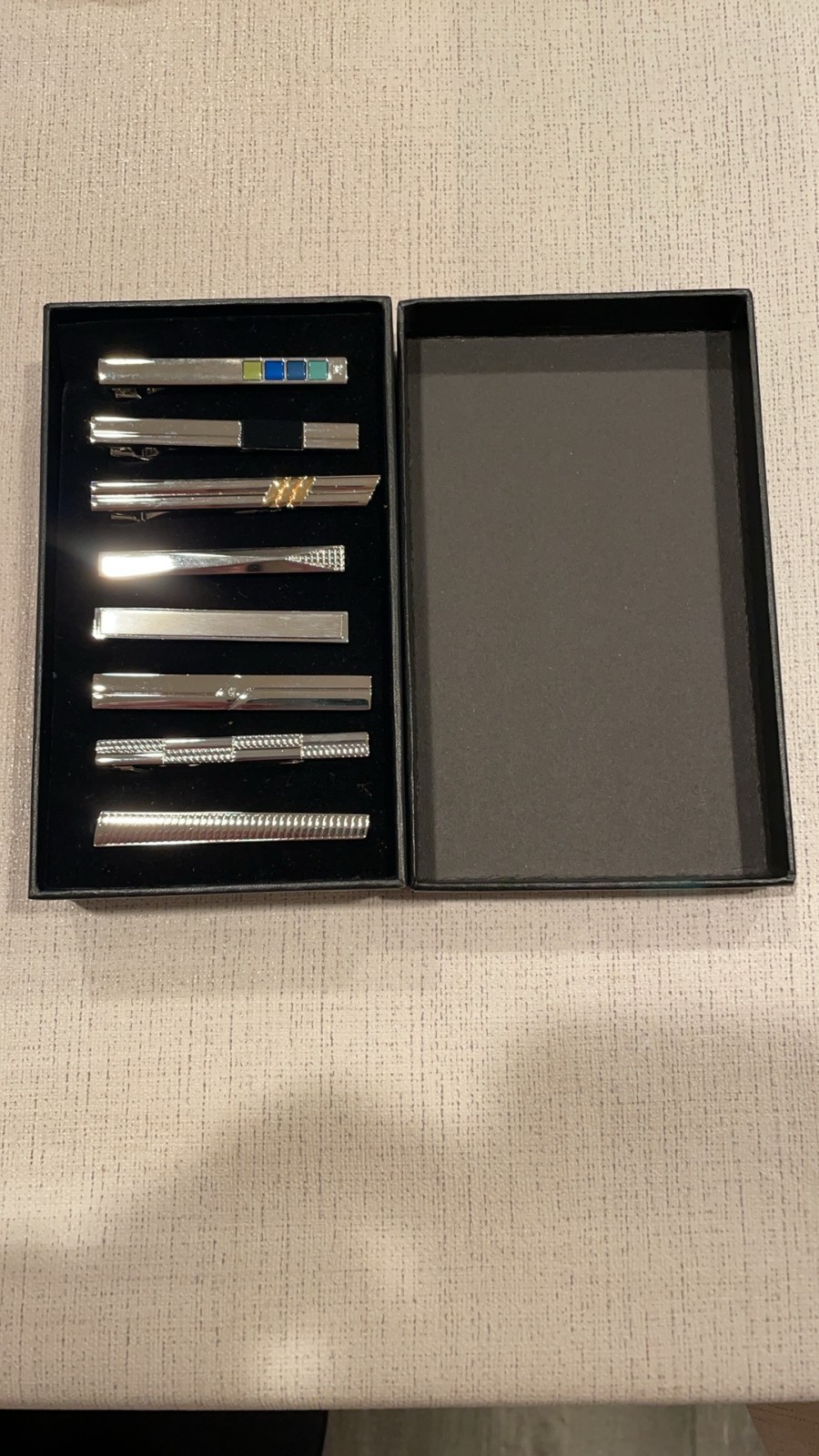 Men’s Silver Tone Tie Clips Set of 8 Classic & Modern Necktie Bars Nice Gift Box