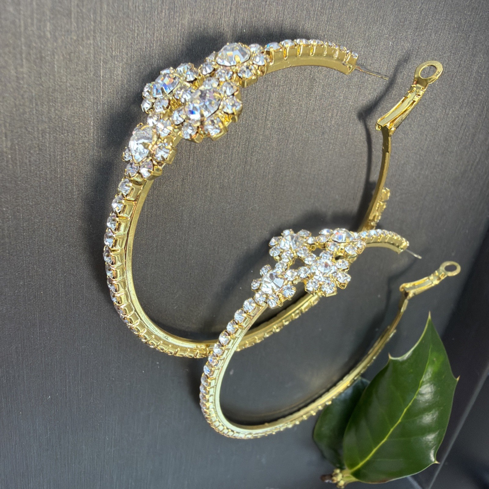 Gold Tone Rhinestone Hoop Earrings Large Statement Floral Cluster 2.5” Glam