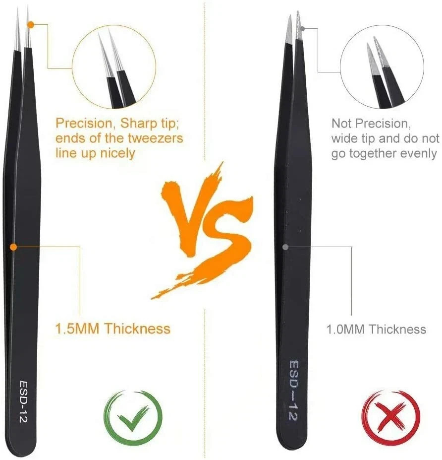 6Pcs ESD Anti-static Tweezers Set Maintenance Repair Stainless Steel Tools Kit