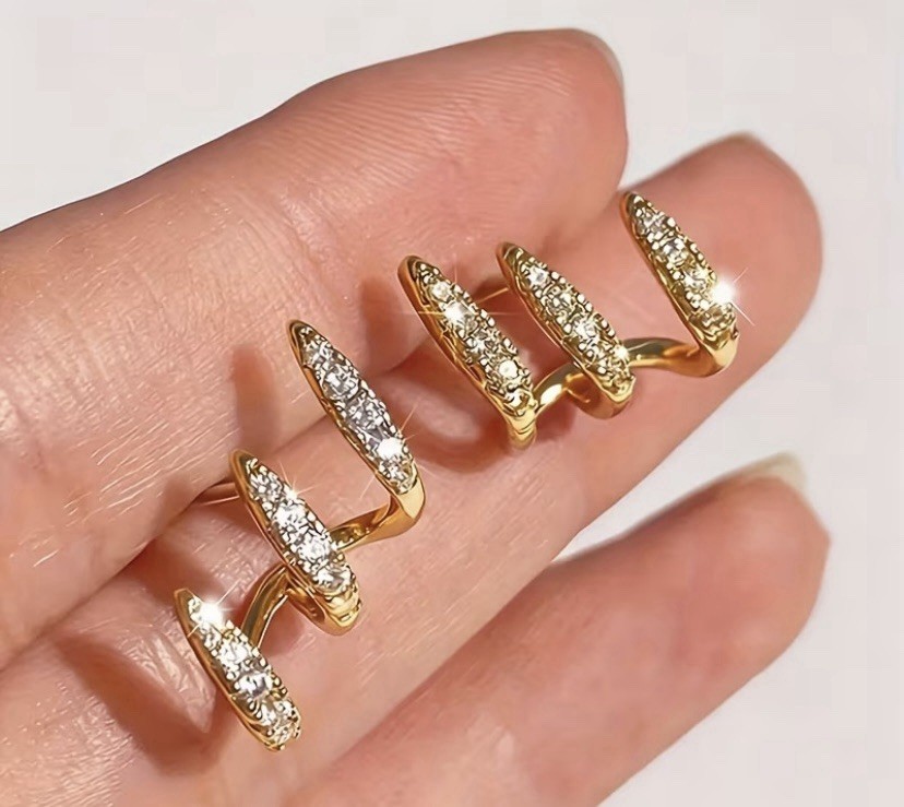 Gold Tone Crystal Hoop Earrings Rhinestone Triple Layer Fashion Earrings .