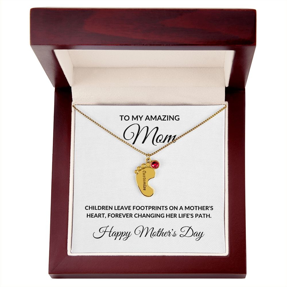 Mother’s Day Personalized Engraved Birthstone Necklace Baby Feet Gift for Mom