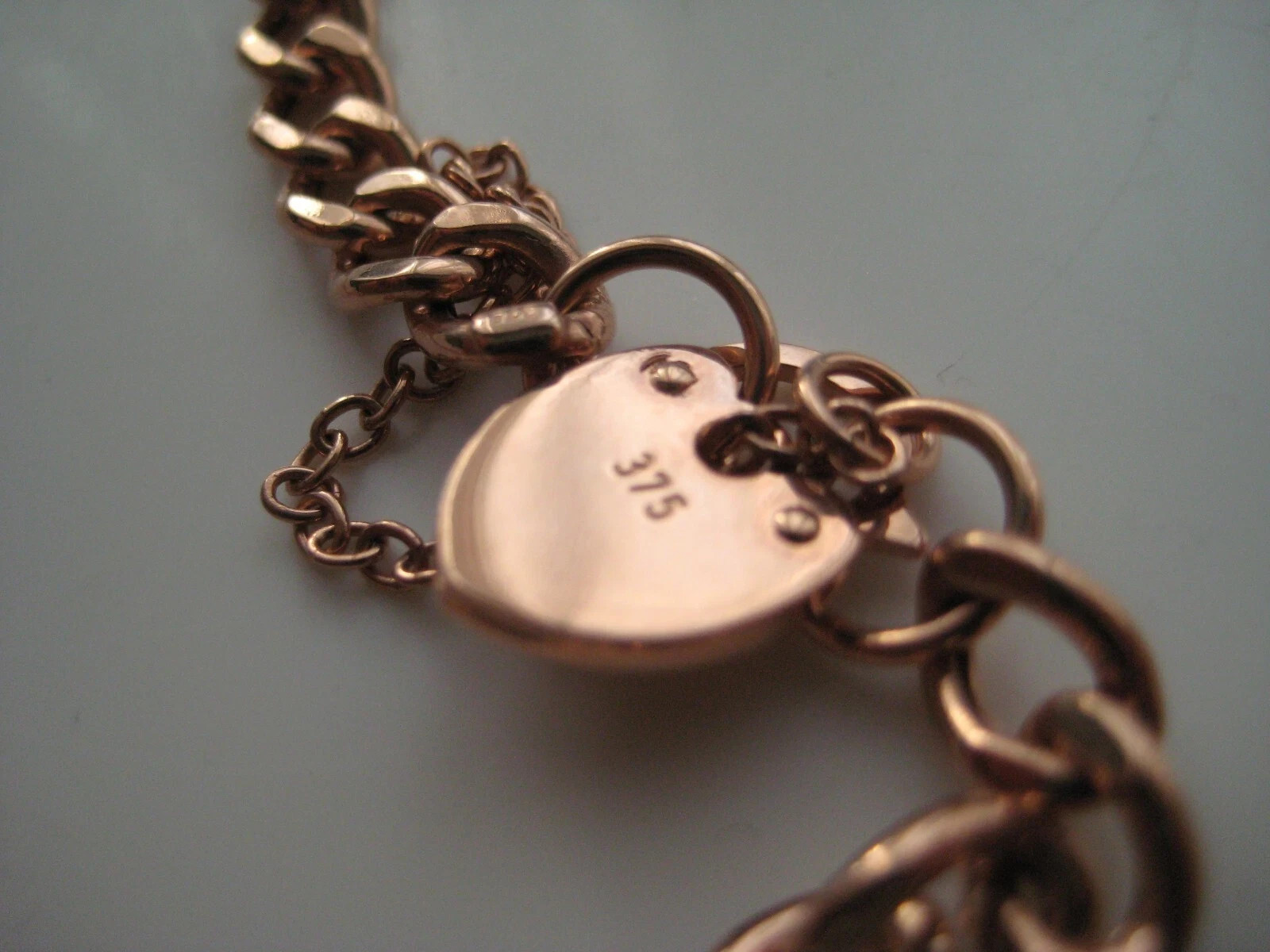 Gold Links Bracelet With Screw Heart Charm & Safety Chain 9 Carat Rose Ladies