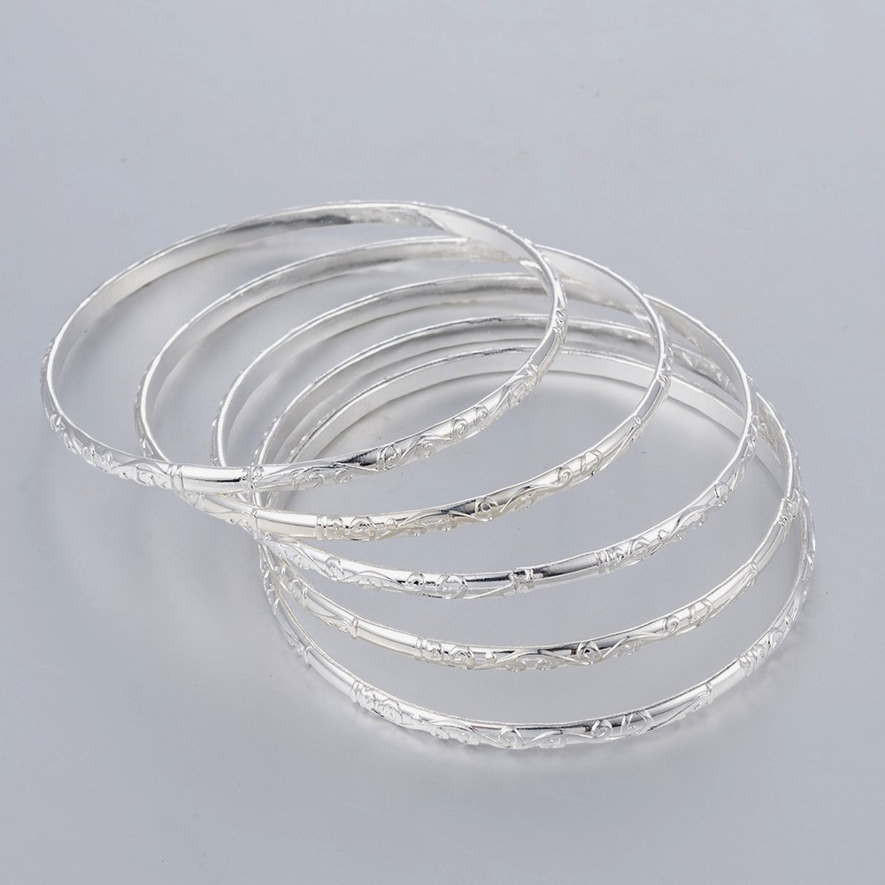 5pcs Combination Bright Silver Carved Pattern Layered Stacked Bracelet Bangle