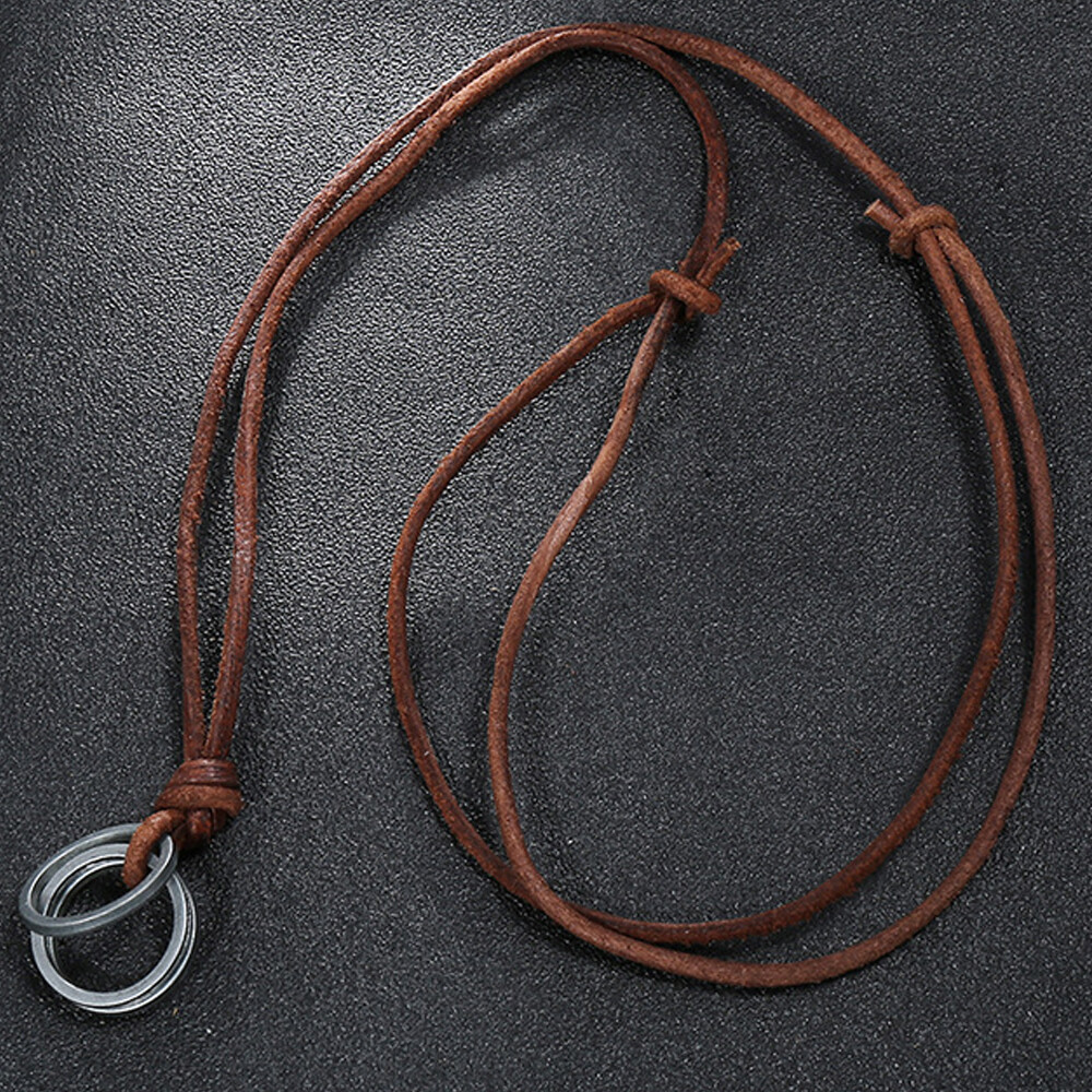 Mens Retro Metal Rings Pendant Genuine Leather Surfer Choker Long Necklace Brown