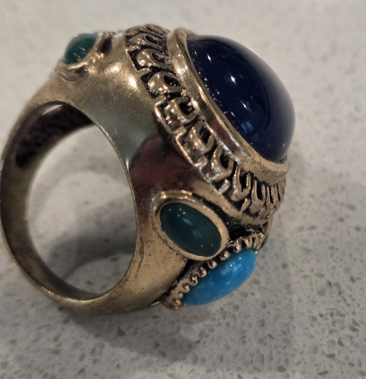 VTG Barse Thailand Bronze Ring Large Cocktail Statement Ring Cabochon Stone Blue