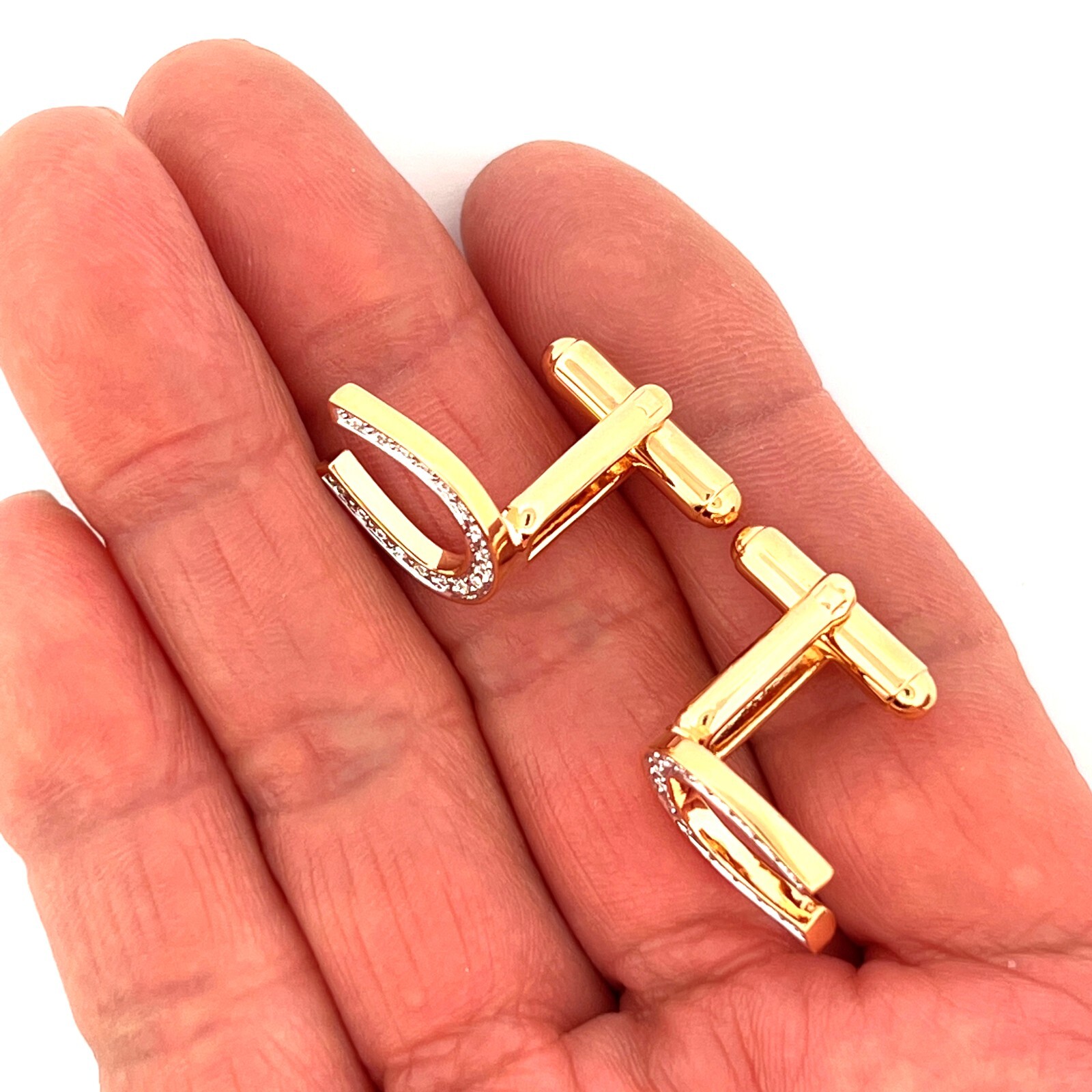 Lucky Horseshoe Cufflinks Gold Plated Metal Alloy Set With Czech Crystals