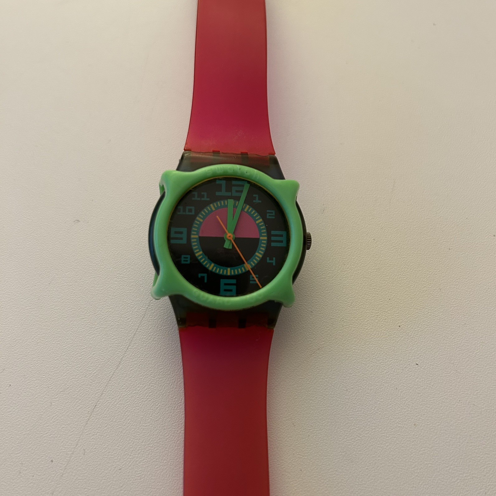 Vintage 80’s Swatch Watch, GN103 Green Room, 1989 Neon Pink Green