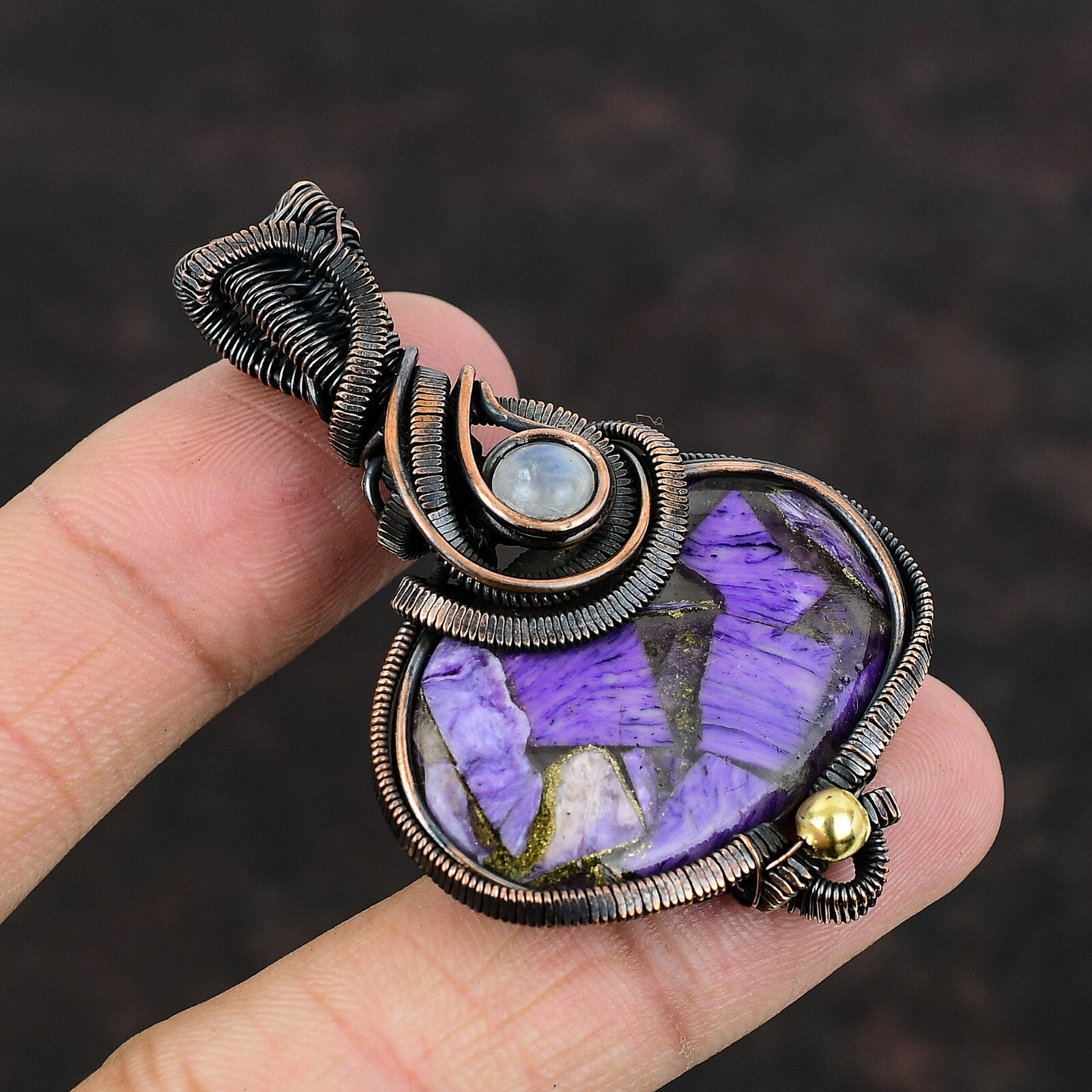 Women Day Gift Russian Charoite Wire Wrapped Pendant Copper For Women 2.36″