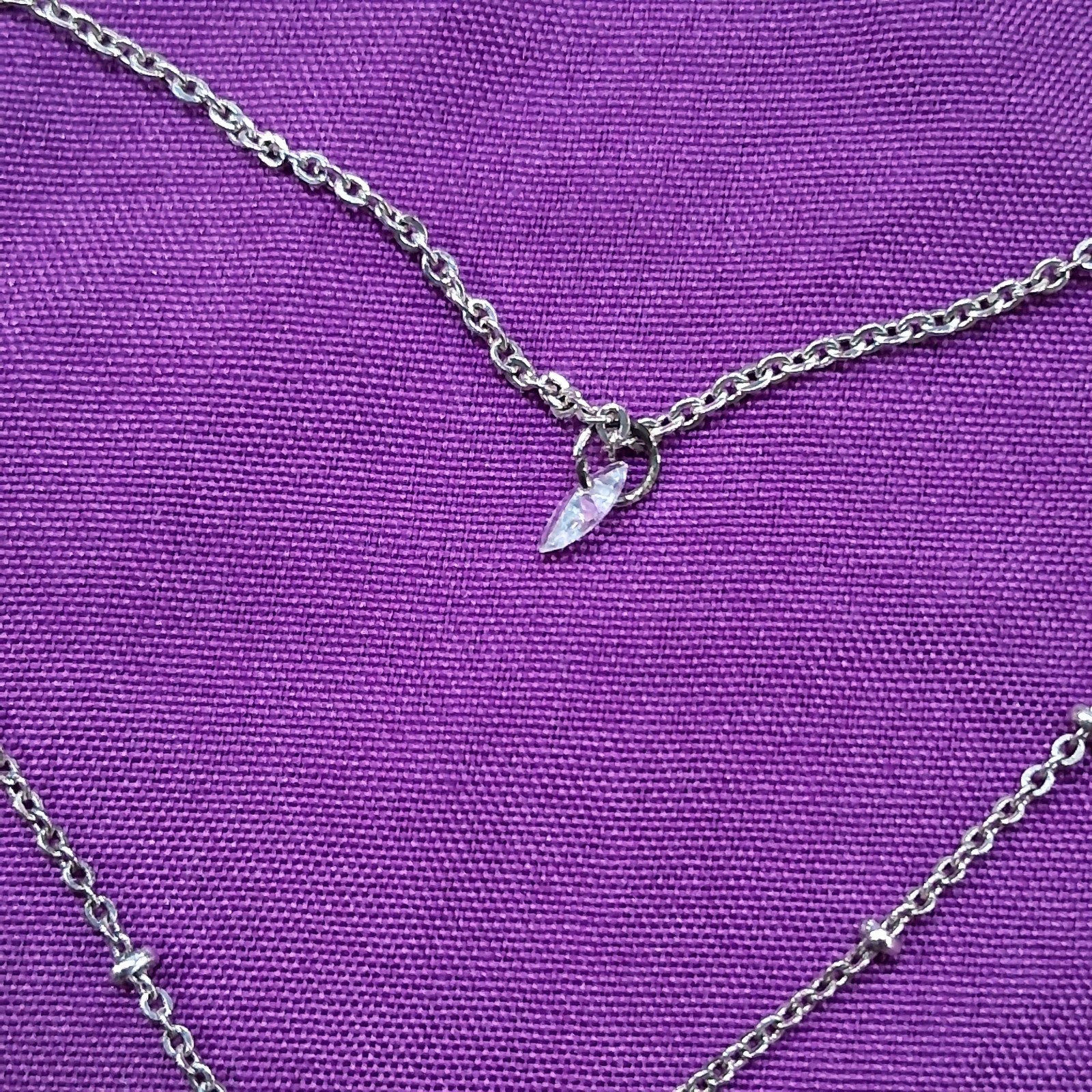 Vintage Polished Stainless Steel Bar & Marquis Glass Rhinestone Charm Necklace