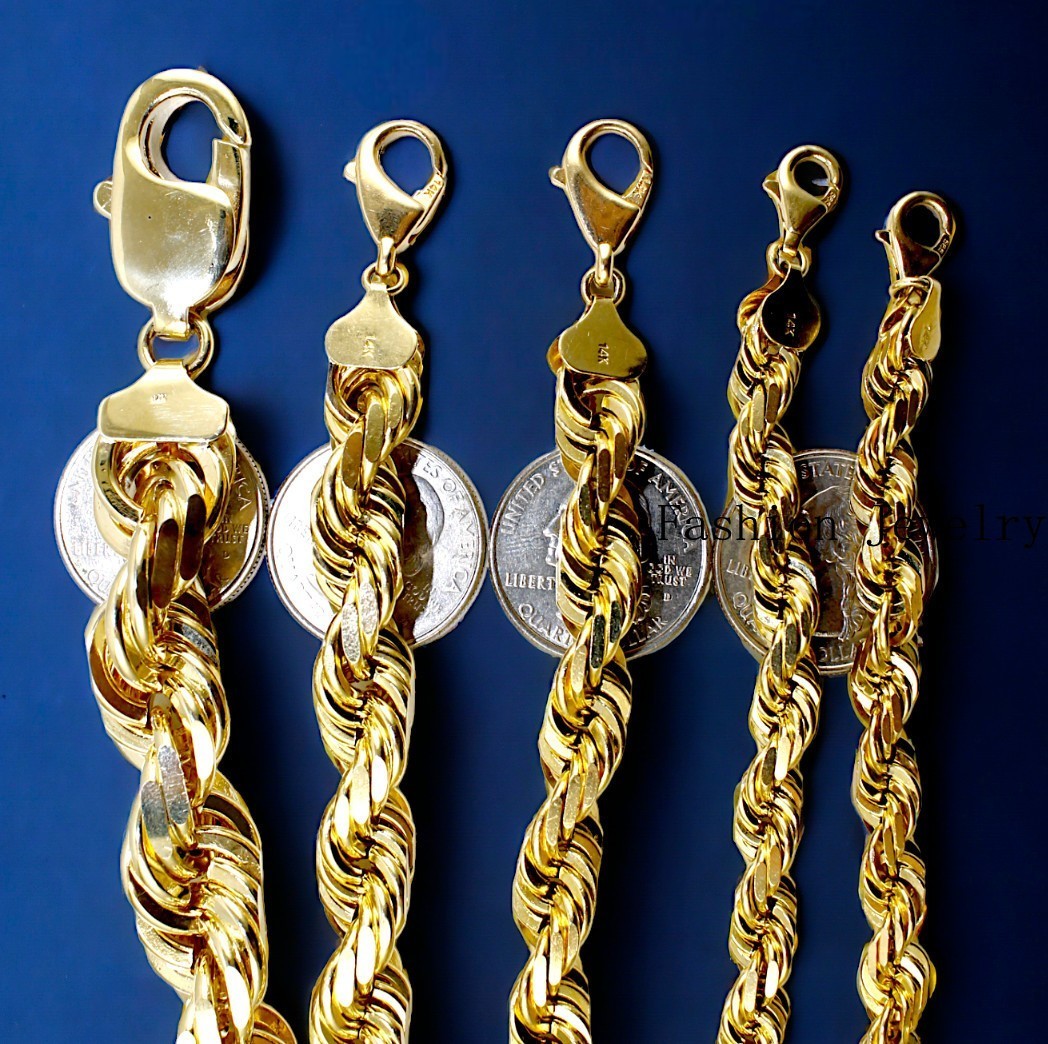 14K Yellow Gold Rope Chain Necklace Diamond Cut Real Gold 1mm-10mm 16″-30″