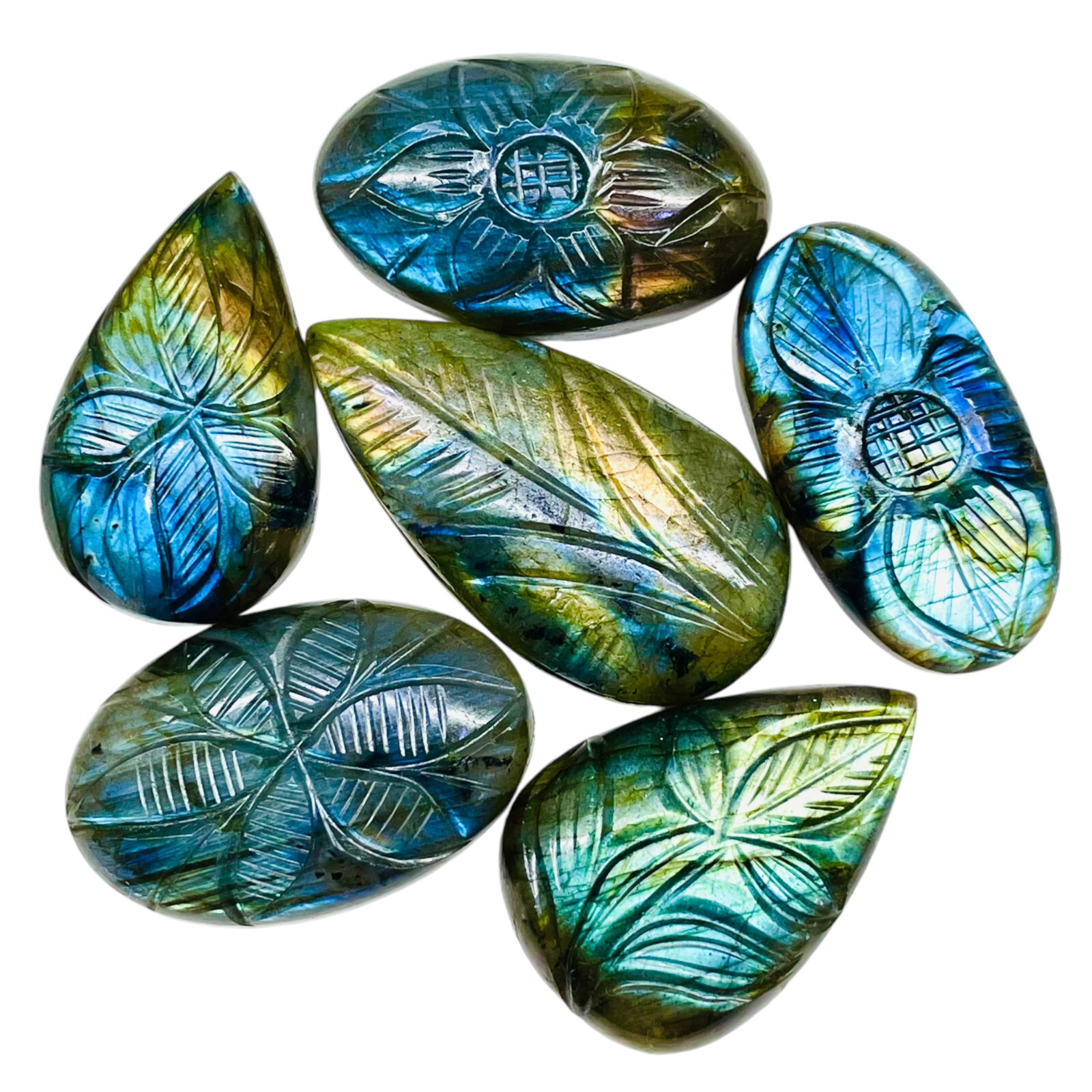 6 Pcs Natural Carved Labradorite 34.5-42mm Huge Pendant Size Loose Gemstones Lot