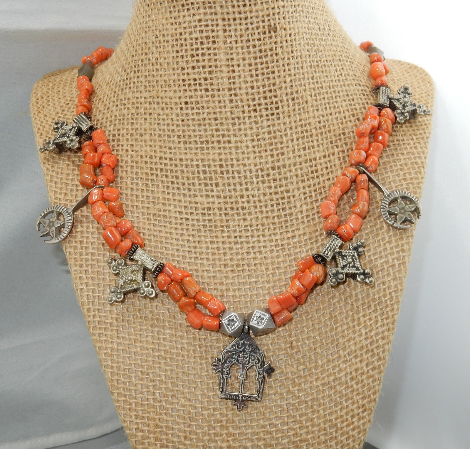 RARE Vintage Moroccan Coral And Silver Gates of Paradise Talisman Necklace 20″