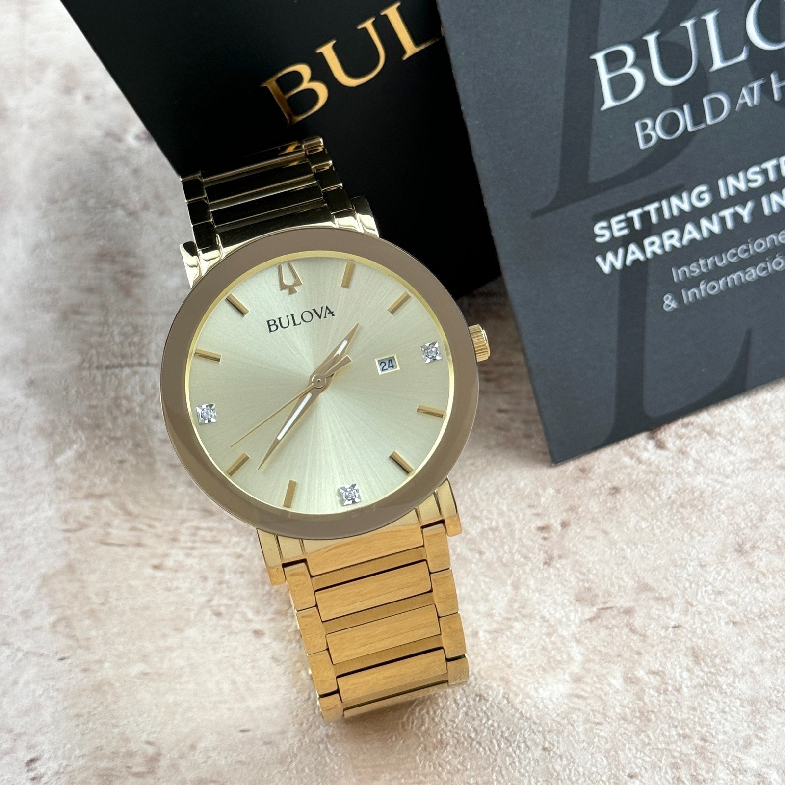 New Bulova Futuro Modern Quartz Gold Dial Chronograph Men’s Watch 97D115 42MM
