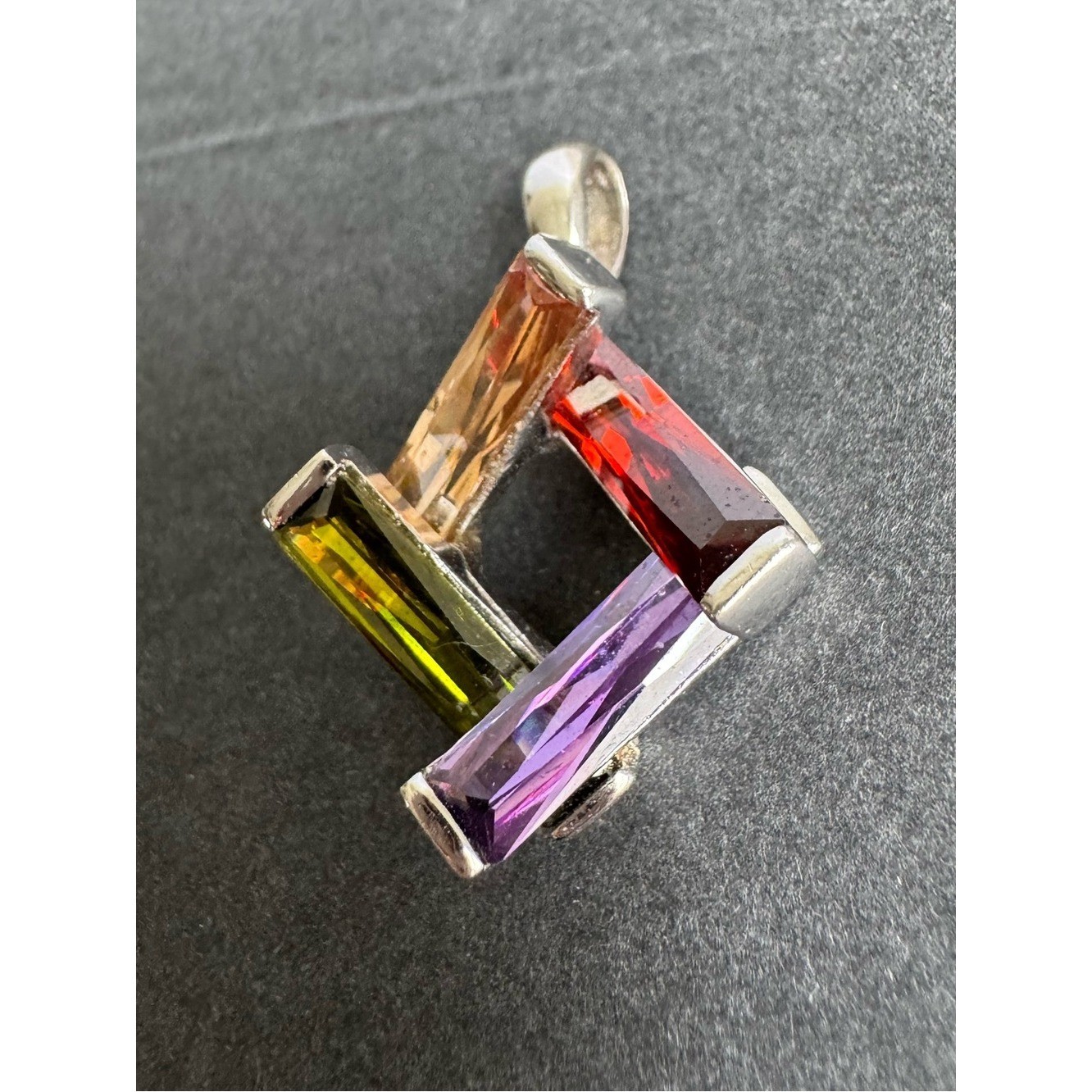 Vintage Sterling Silver Crystal 3D Pendant Colorful Geometric Necklace