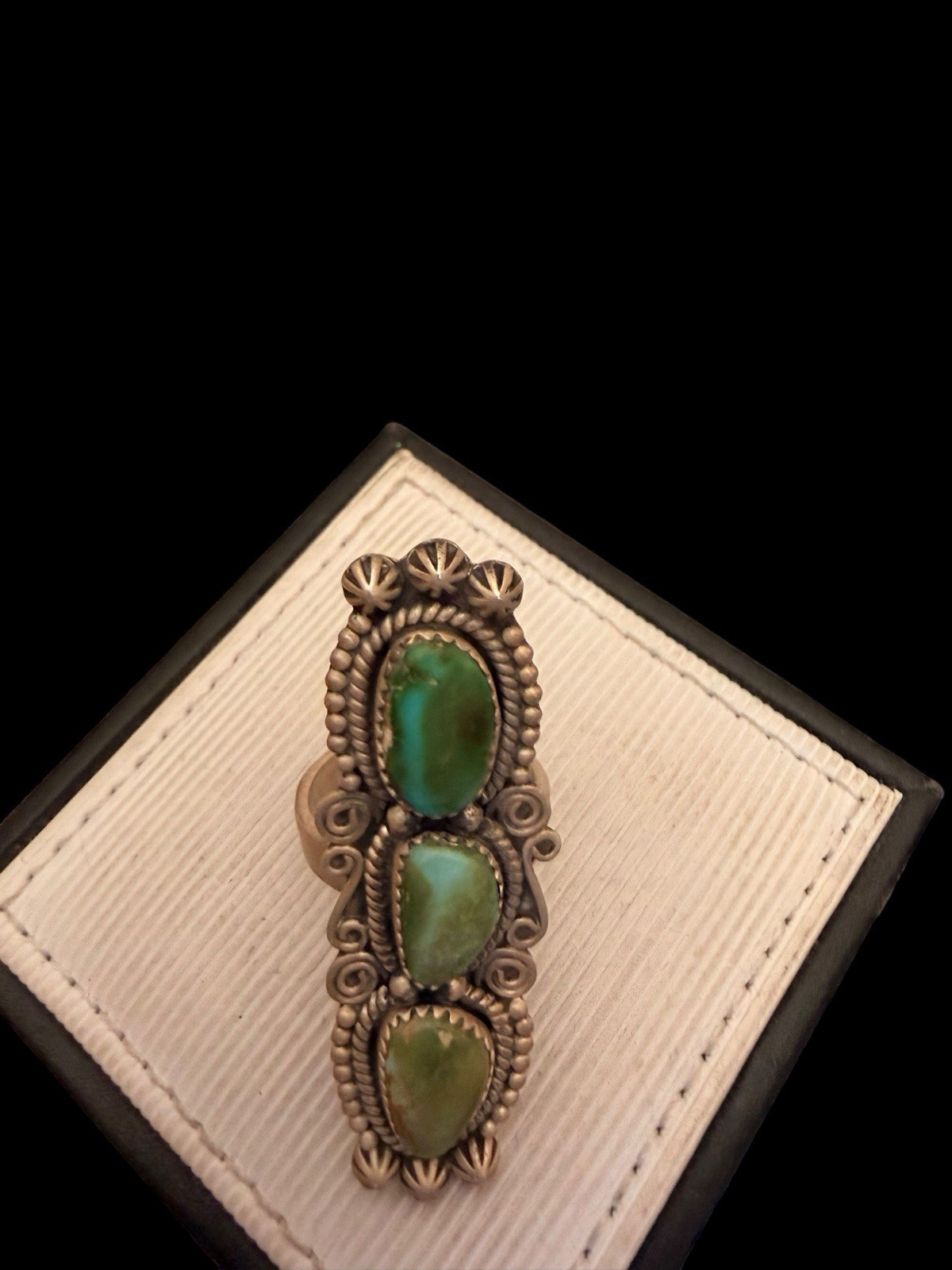 Beautiful Southwest Sterling Silver Triple Green Turquoise Ring See Description