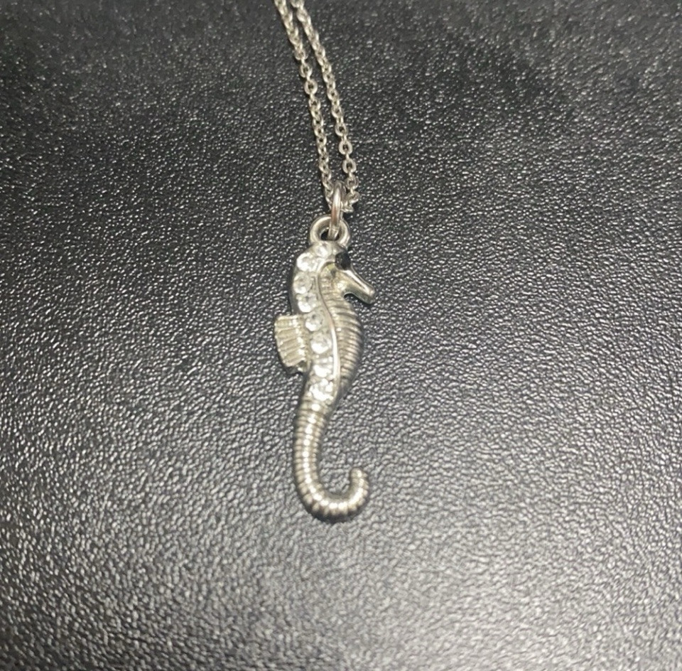 Silver Alloy Dainty Seahorse Rhinestone Chain Necklace Lobster Claw Closure