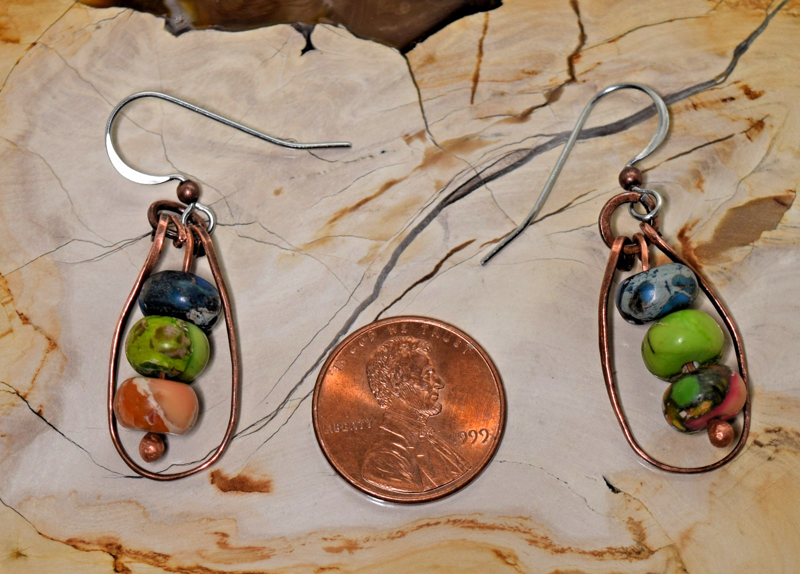 Hammered Copper & Blue, Green and Orange Copper Turquoise Bead Dangle Earrings