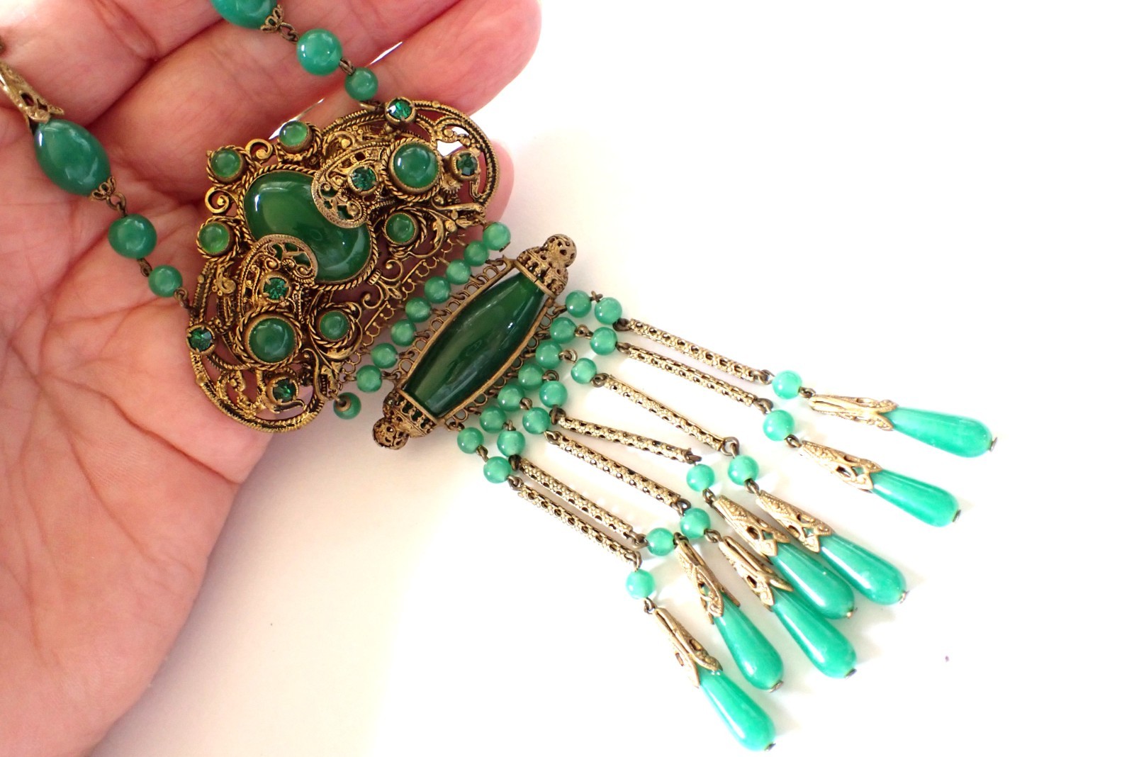 Art Deco Neiger Bros Czech Green Chrysoprase Glass Filigree Pendant Necklace