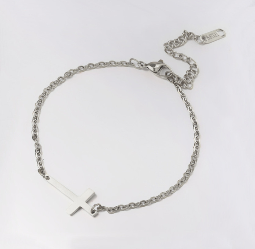 Women 7+2″ 316L Stainless Steel Sideway Cross Bracelet Chain Gift PE49