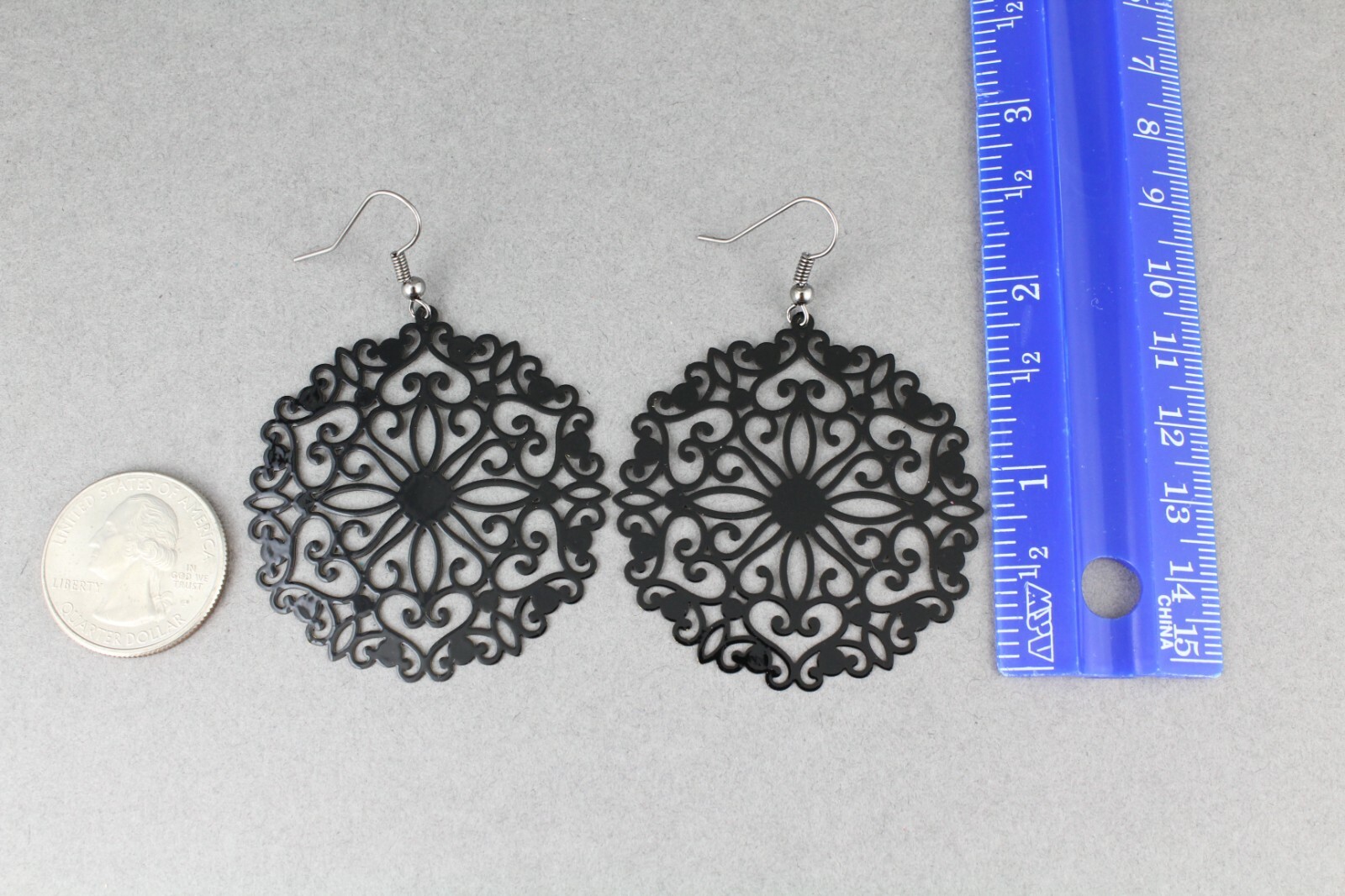 Black round earrings cut out lace filigree scroll circle 2.5″ long very Light