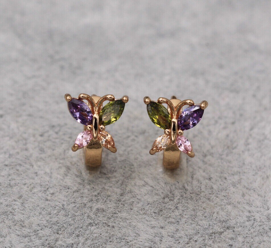 New 18K Yellow Gold Filled Multicolor Marquis CZ Butterfly Huggie Hoop Earrings