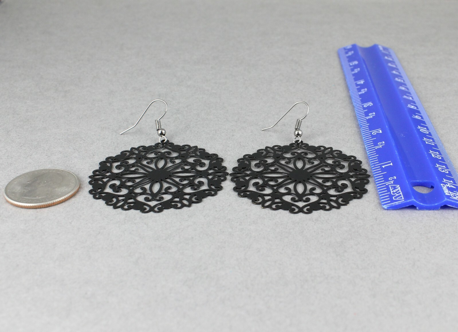 Black round earrings cut out lace filigree scroll circle 2.5″ long very Light