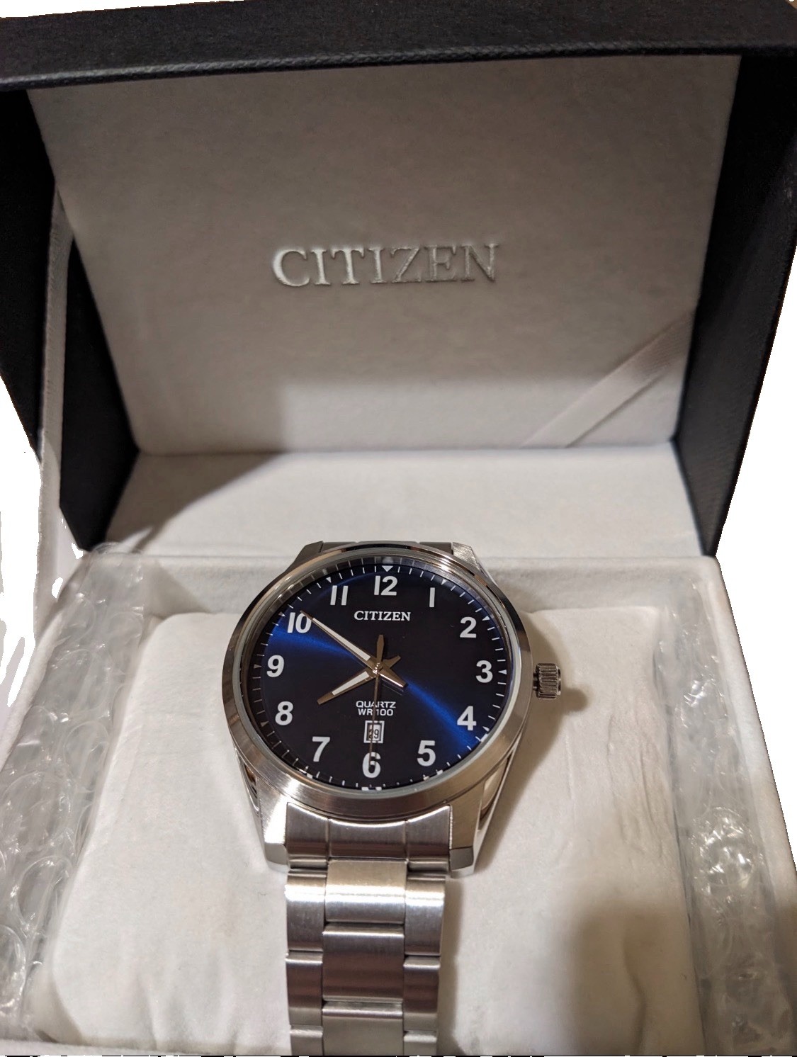 Citizen Quartz WR100 100m Quartz Blue Dial Date Steel Bracelet Men’s Watch Box