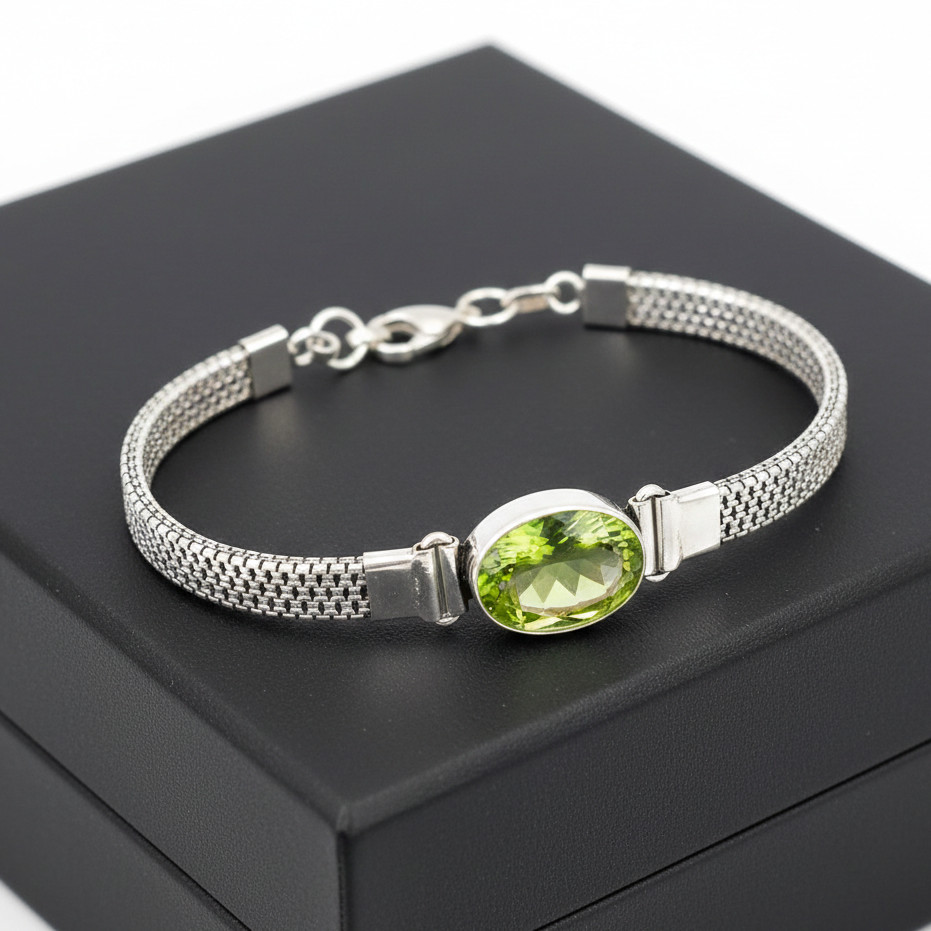 Green Peridot Gemstone 925 Sterling Silver Adjustable Chain Bracelet For Gift